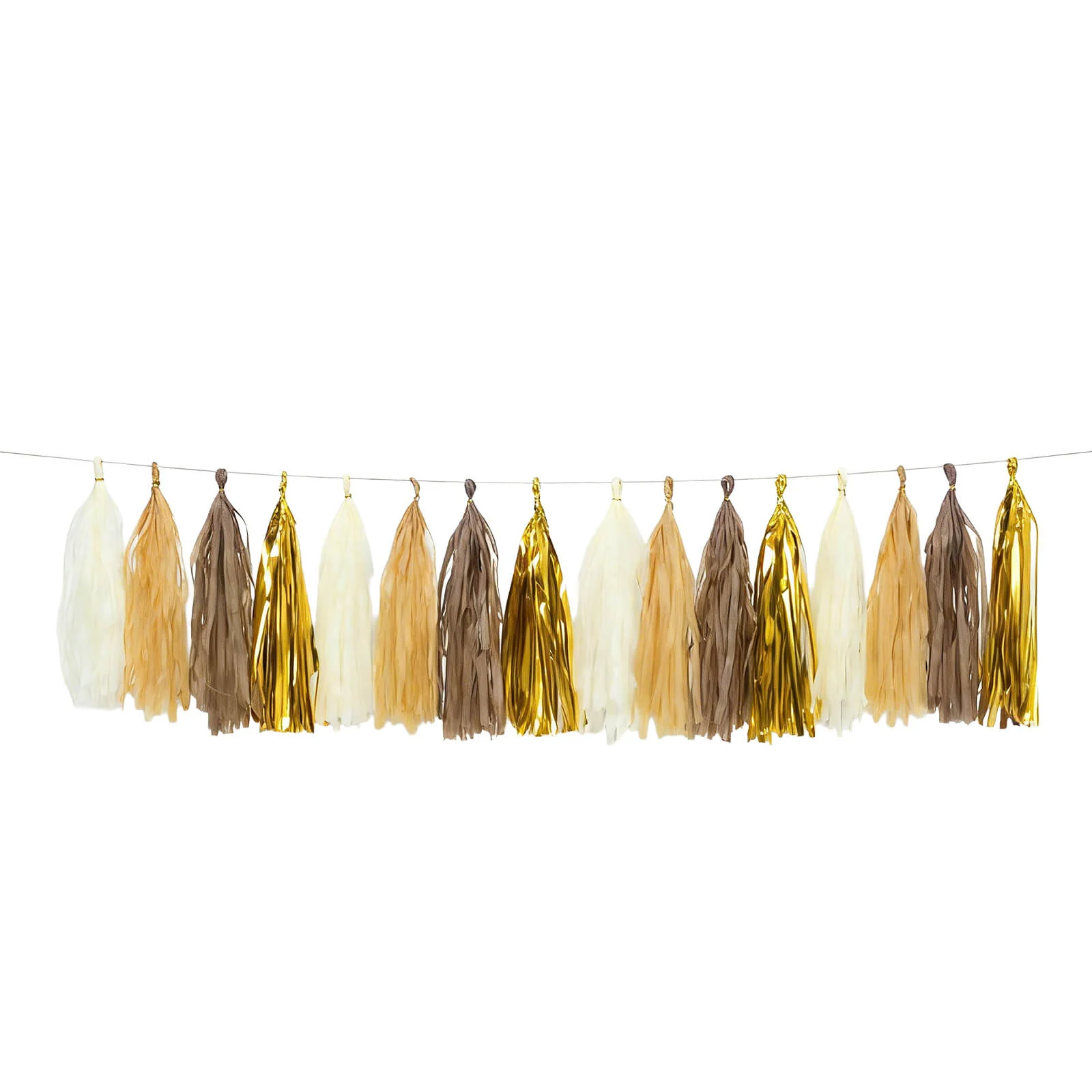 16 Pack Pre-Tied Foil Tassel Garland Banner Decoration – Natural & Gold Paper Tassels with 10ft Hanging String - Image 2
