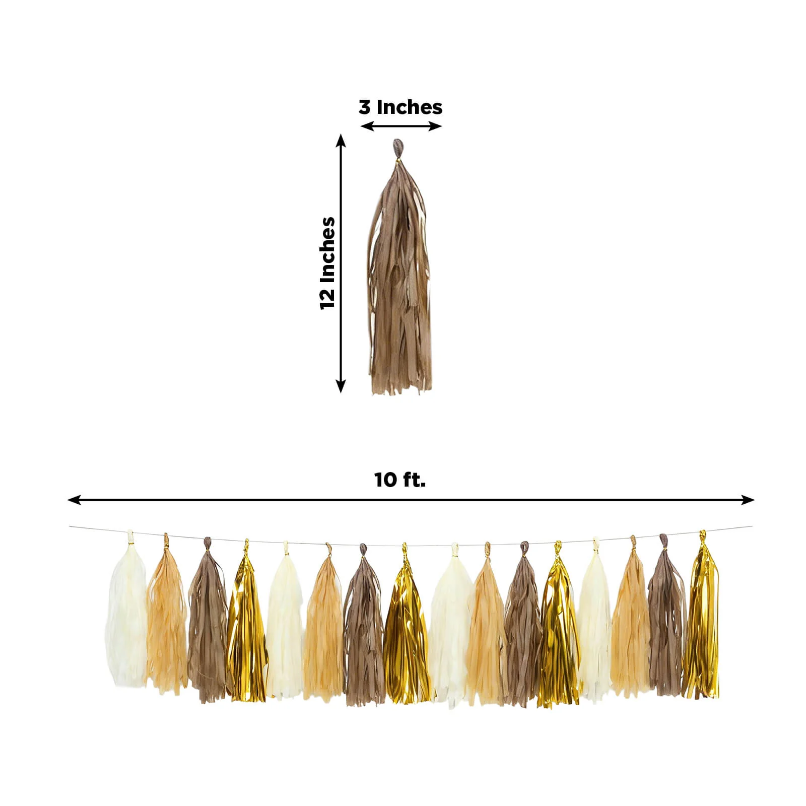 16 Pack Pre-Tied Foil Tassel Garland Banner Decoration – Natural & Gold Paper Tassels with 10ft Hanging String - Image 3
