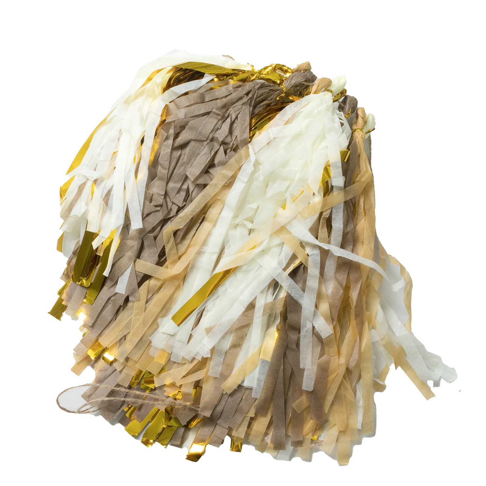 16 Pack Pre-Tied Foil Tassel Garland Banner Decoration – Natural & Gold Paper Tassels with 10ft Hanging String - Image 7
