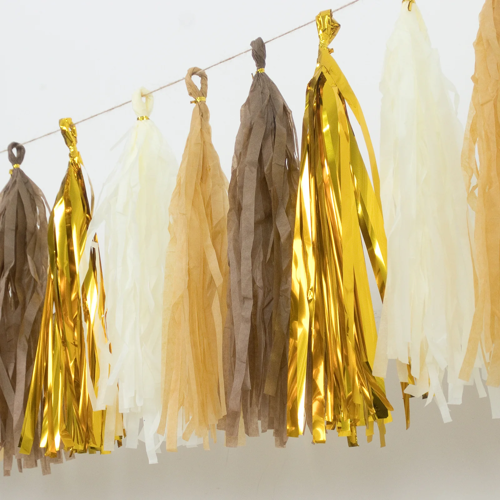 16 Pack Pre-Tied Foil Tassel Garland Banner Decoration – Natural & Gold Paper Tassels with 10ft Hanging String - Image 9