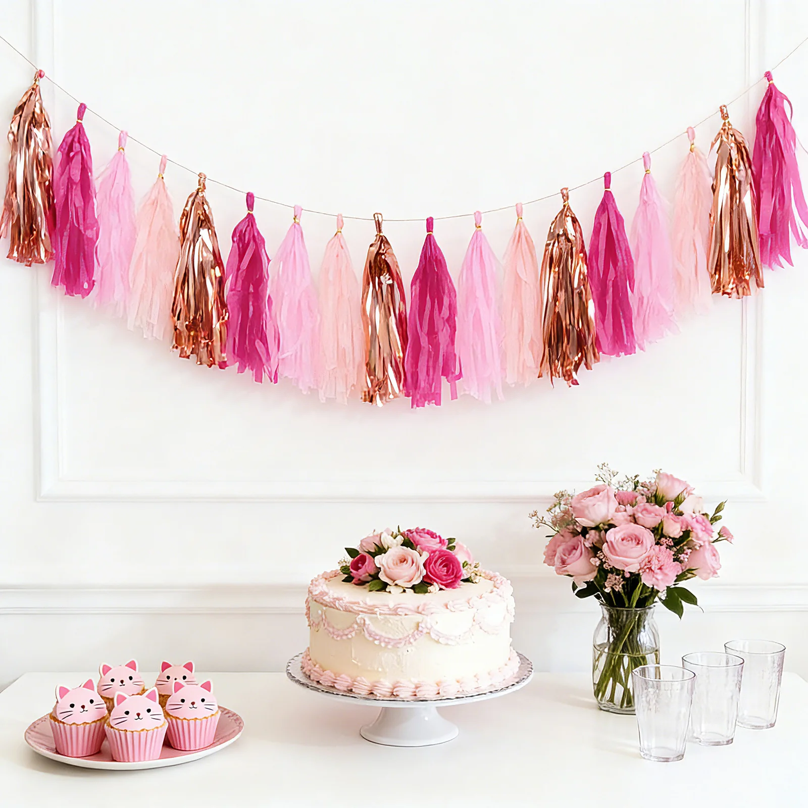 16 Pack Pre-Tied Foil Tassel Garland Banner Decoration – Pink & Rose Gold Paper Tassels with 10ft Hanging String