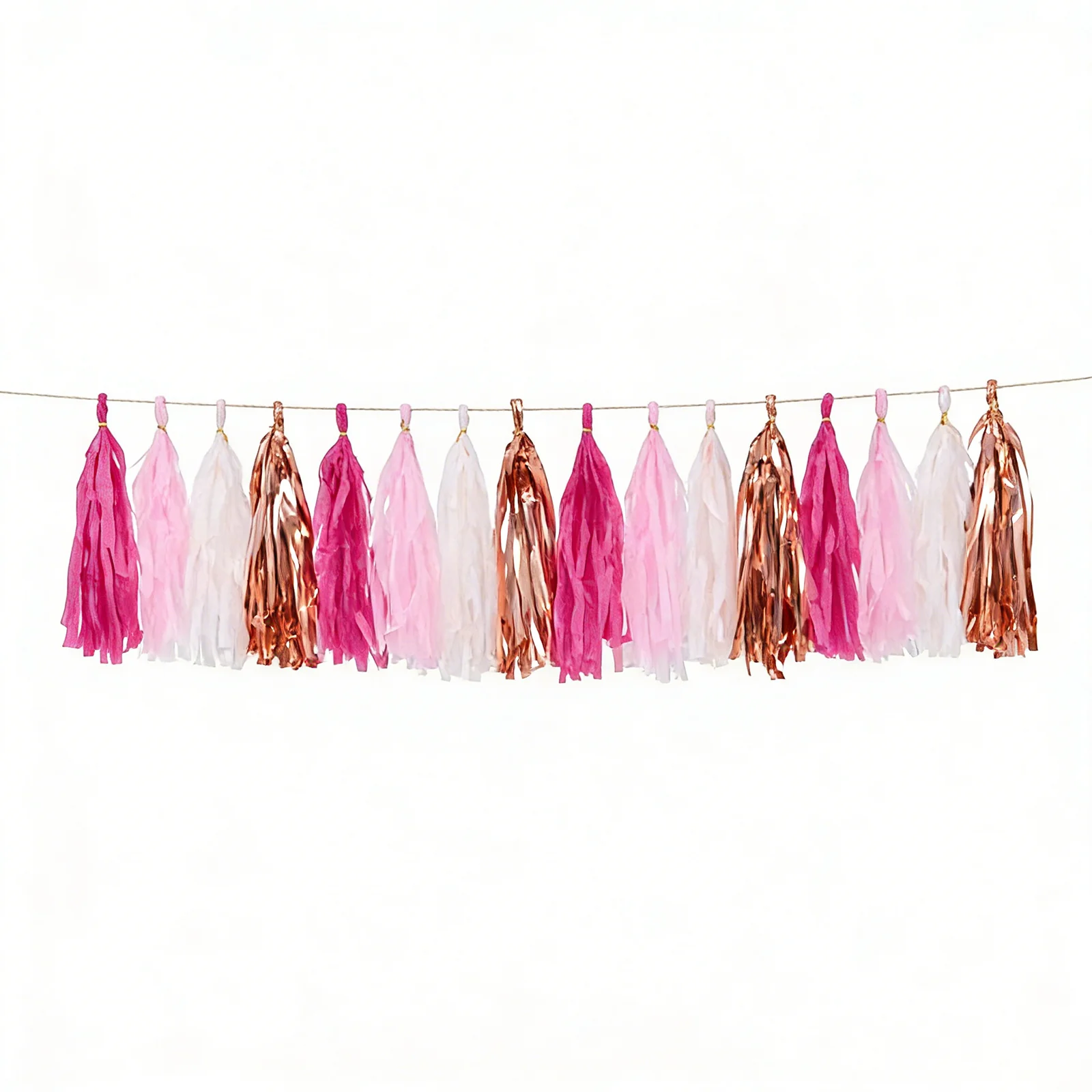 16 Pack Pre-Tied Foil Tassel Garland Banner Decoration – Pink & Rose Gold Paper Tassels with 10ft Hanging String - Image 2