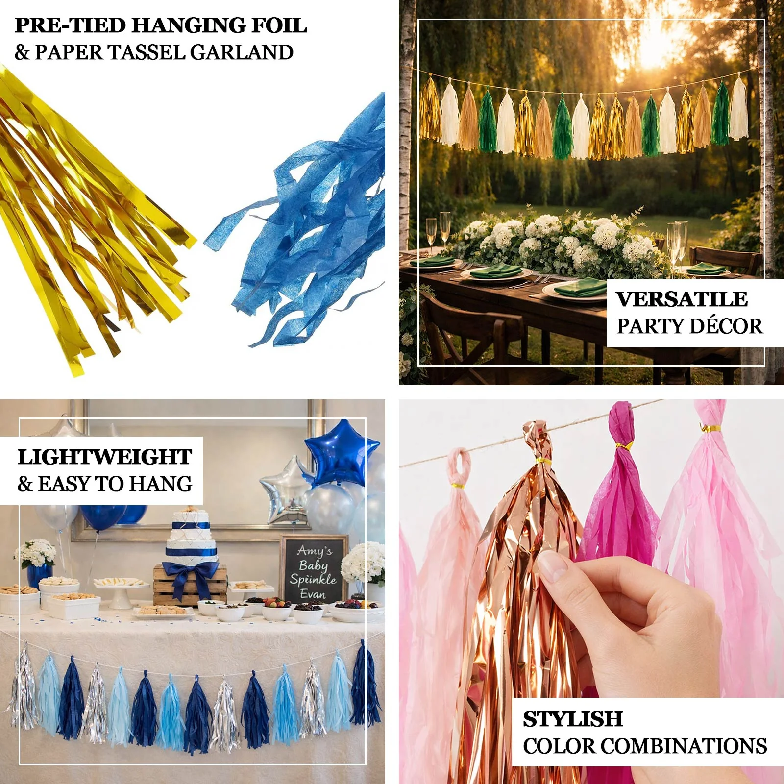16 Pack Pre-Tied Foil Tassel Garland Banner Decoration – Pink & Rose Gold Paper Tassels with 10ft Hanging String - Image 5