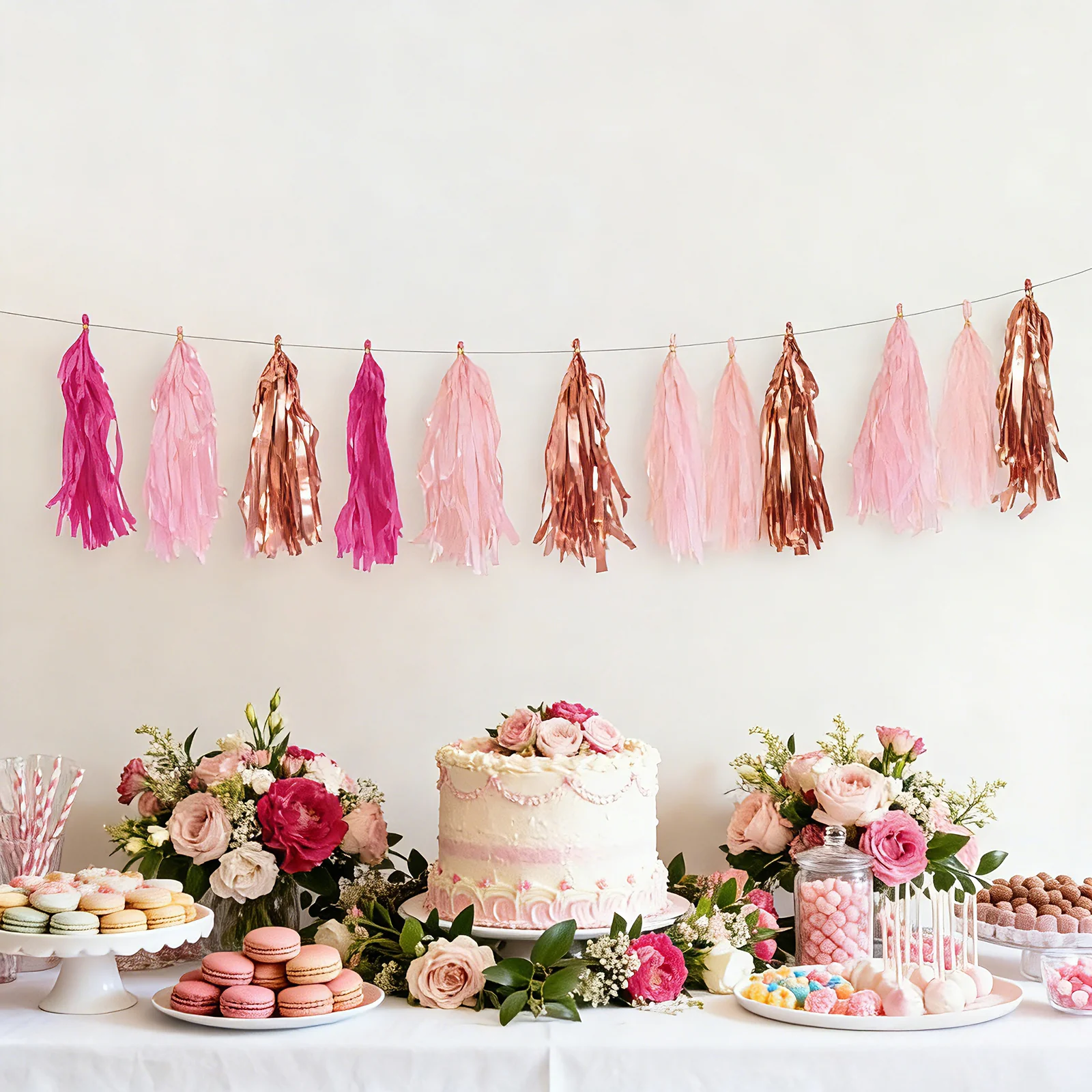 16 Pack Pre-Tied Foil Tassel Garland Banner Decoration – Pink & Rose Gold Paper Tassels with 10ft Hanging String - Image 6