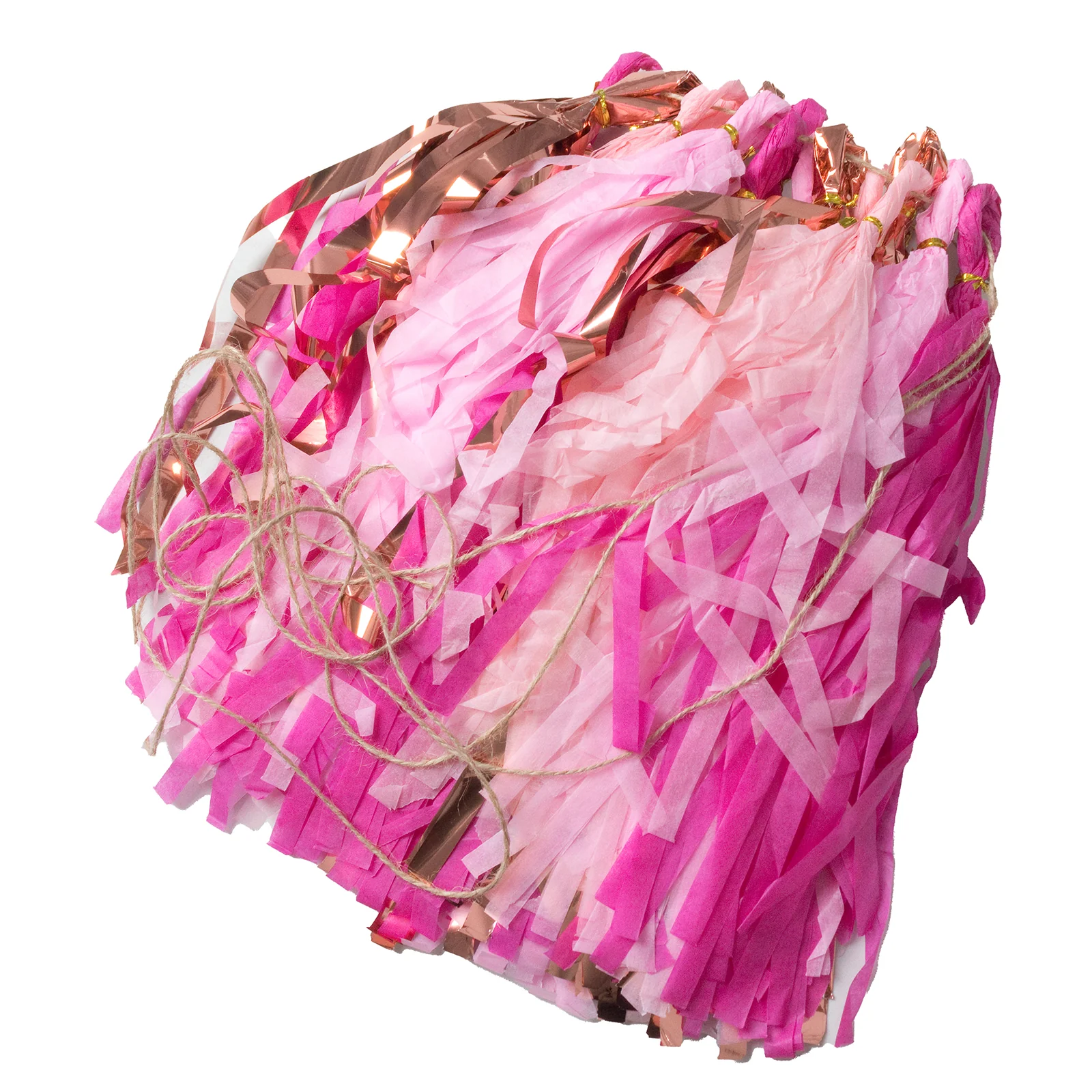 16 Pack Pre-Tied Foil Tassel Garland Banner Decoration – Pink & Rose Gold Paper Tassels with 10ft Hanging String - Image 7