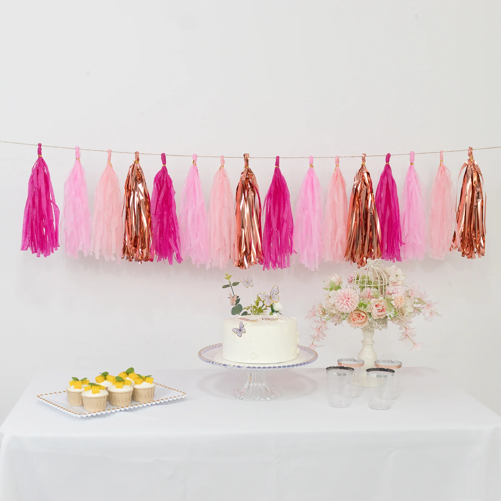 16 Pack Pre-Tied Foil Tassel Garland Banner Decoration – Pink & Rose Gold Paper Tassels with 10ft Hanging String - Image 8