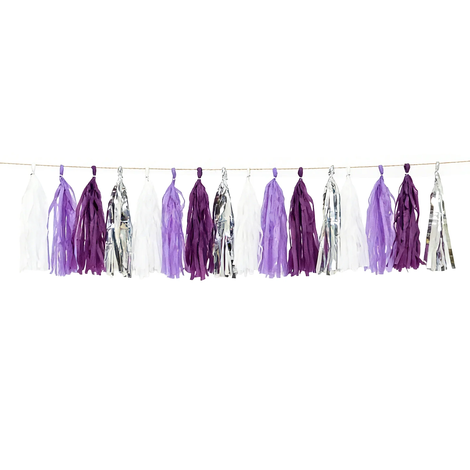 16 Pack Pre-Tied Foil Tassel Garland Banner Decoration – Purple & Silver Paper Tassels with 10ft Hanging String - Image 2