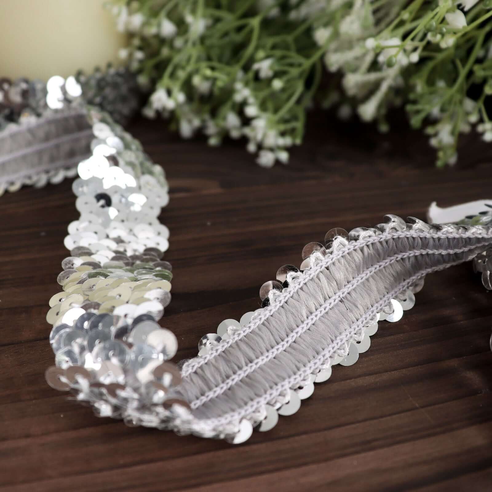 1"x10 Yards Metallic Silver Sequin Stretch Fabric Ribbon, Elastic Lace Trim, Shiny Glitter Craft Fabric - Image 2