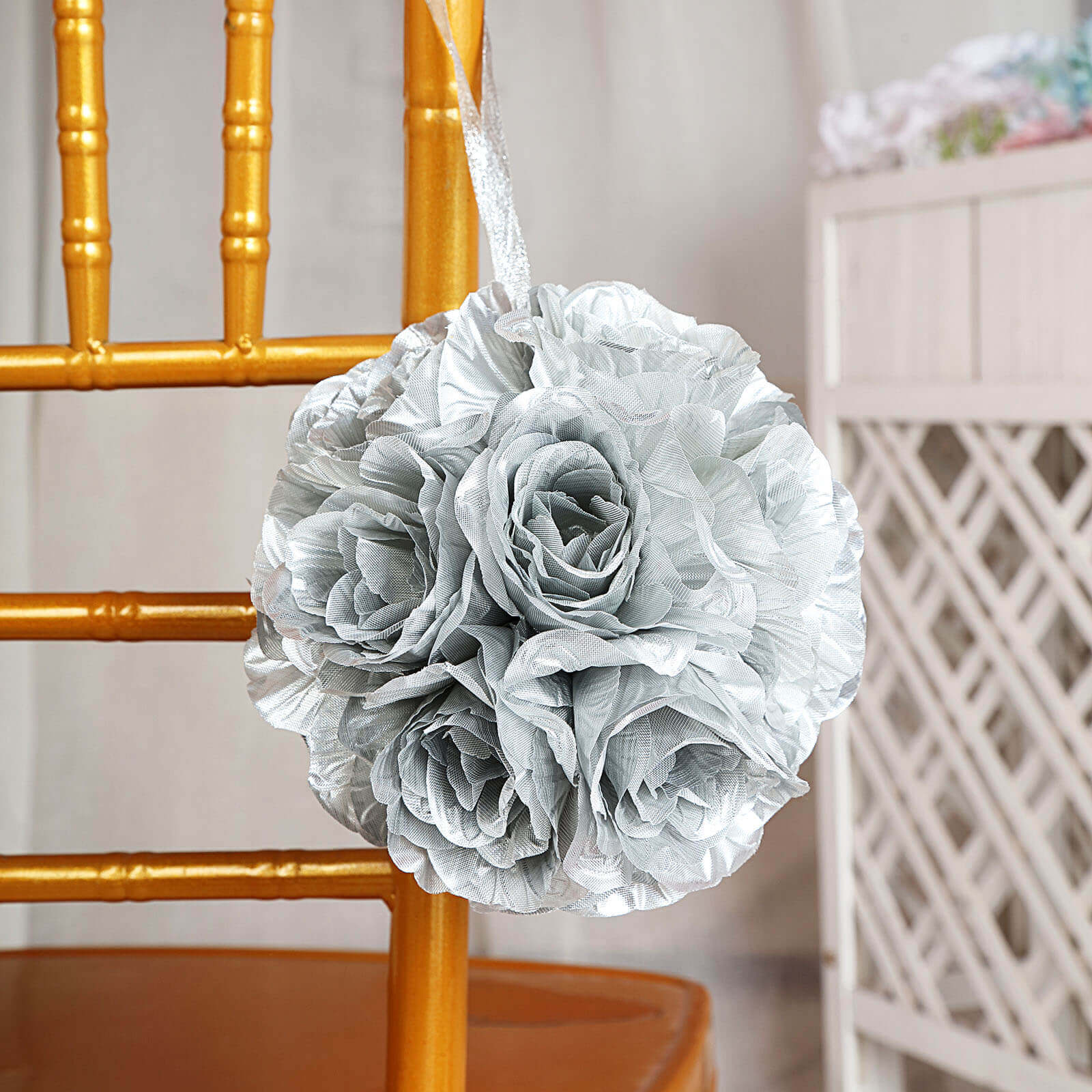 2 Pack 7" Silver Artificial Silk Rose Kissing Ball, Faux Flower Ball - Image 2