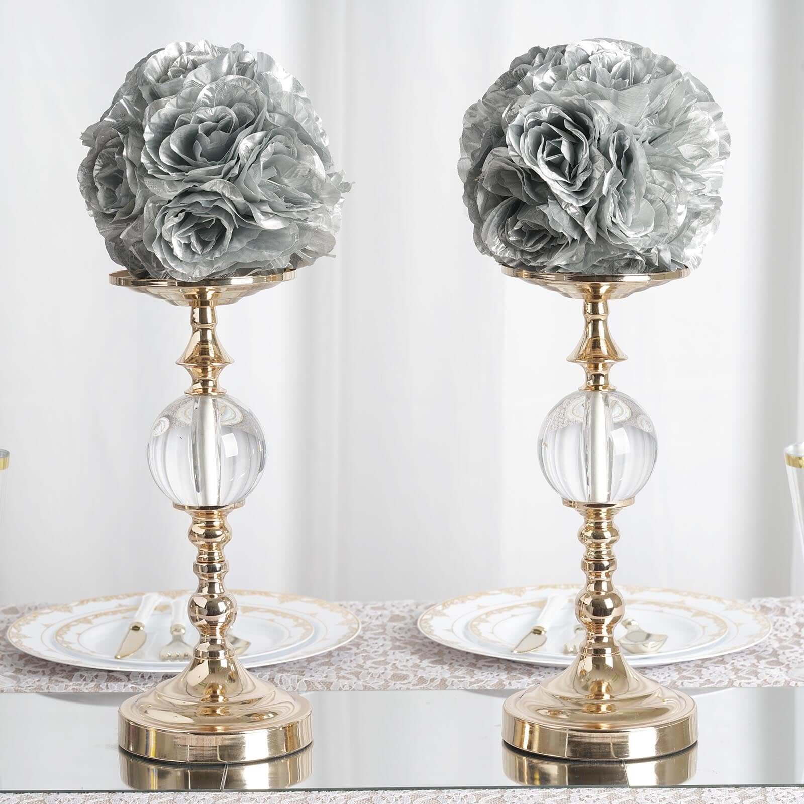 2 Pack 7" Silver Artificial Silk Rose Kissing Ball, Faux Flower Ball - Image 6