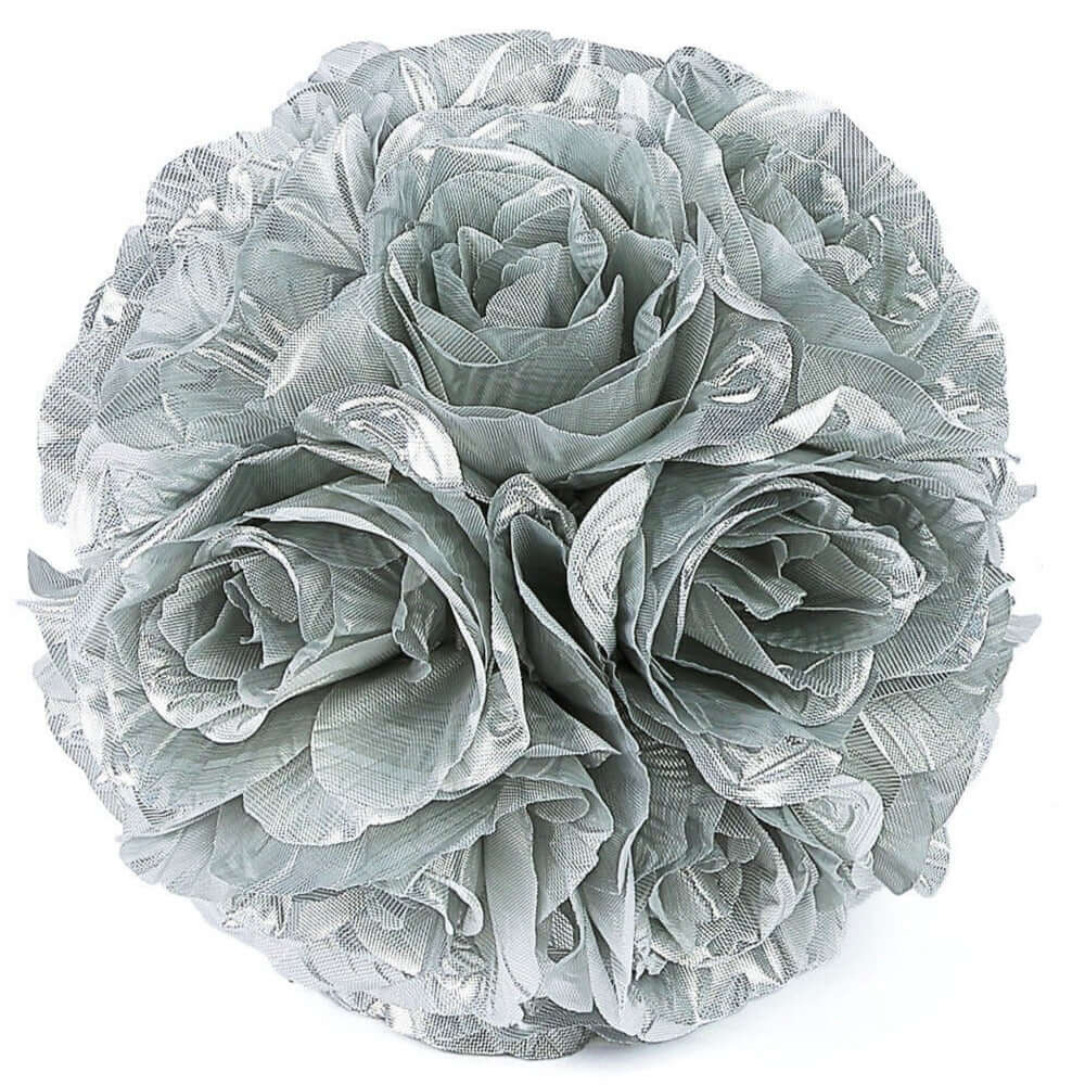 2 Pack 7" Silver Artificial Silk Rose Kissing Ball, Faux Flower Ball - Image 8