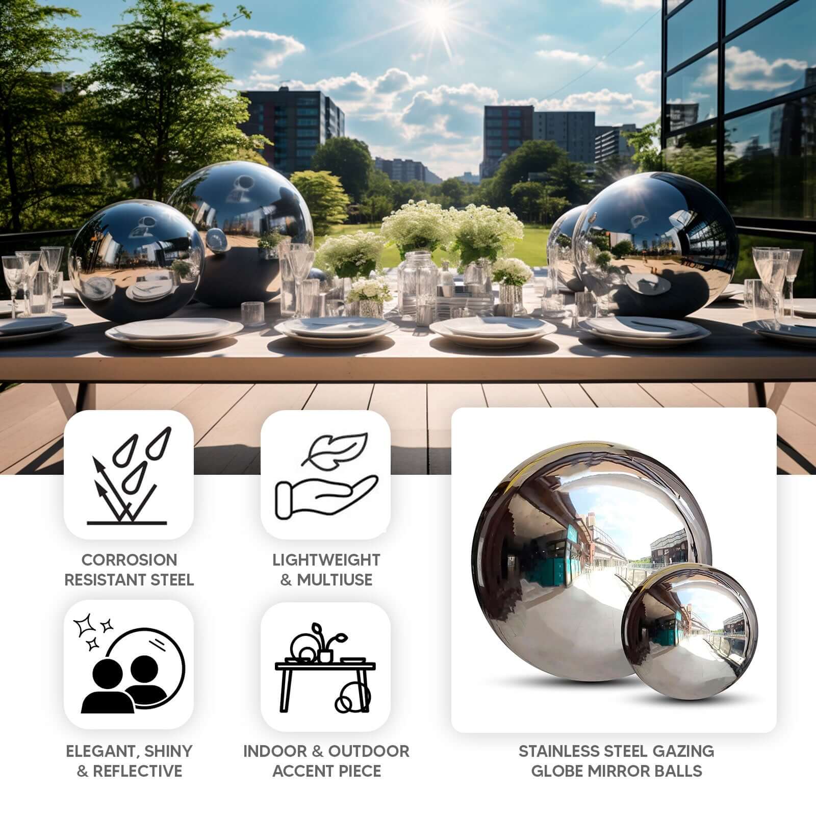 2-Pack Gazing Globe Mirror Ball Reflective Hollow Stainless Steel Silver Spheres - Decorative Outdoor Garden Display 12" - Image 4