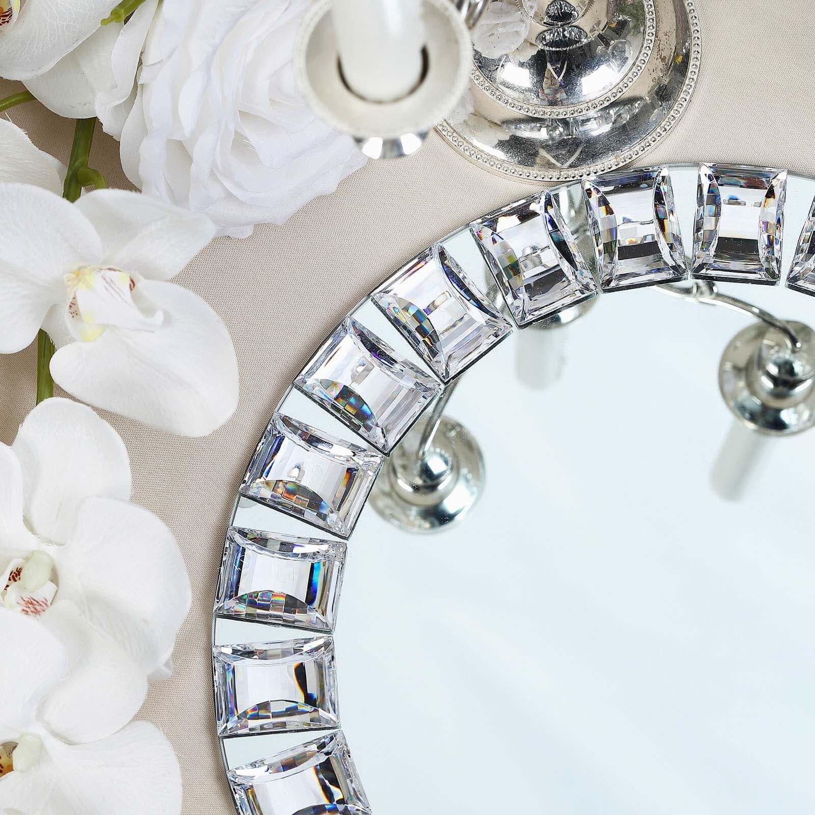 2-Pack Glass Mirror Round Charger Plates 13" in Silver with Jeweled Rim - Premium Decorative Dinner Party Charger Tableware - Image 2