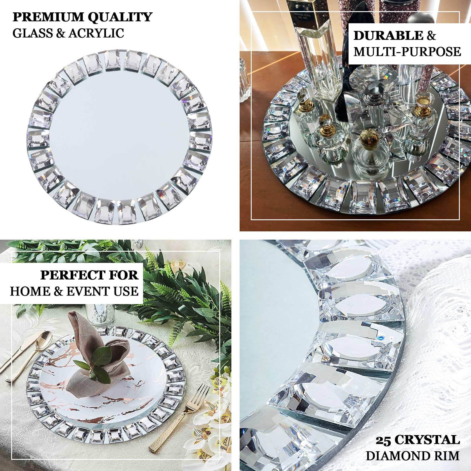 2-Pack Glass Mirror Round Charger Plates 13" in Silver with Jeweled Rim - Premium Decorative Dinner Party Charger Tableware - Image 4