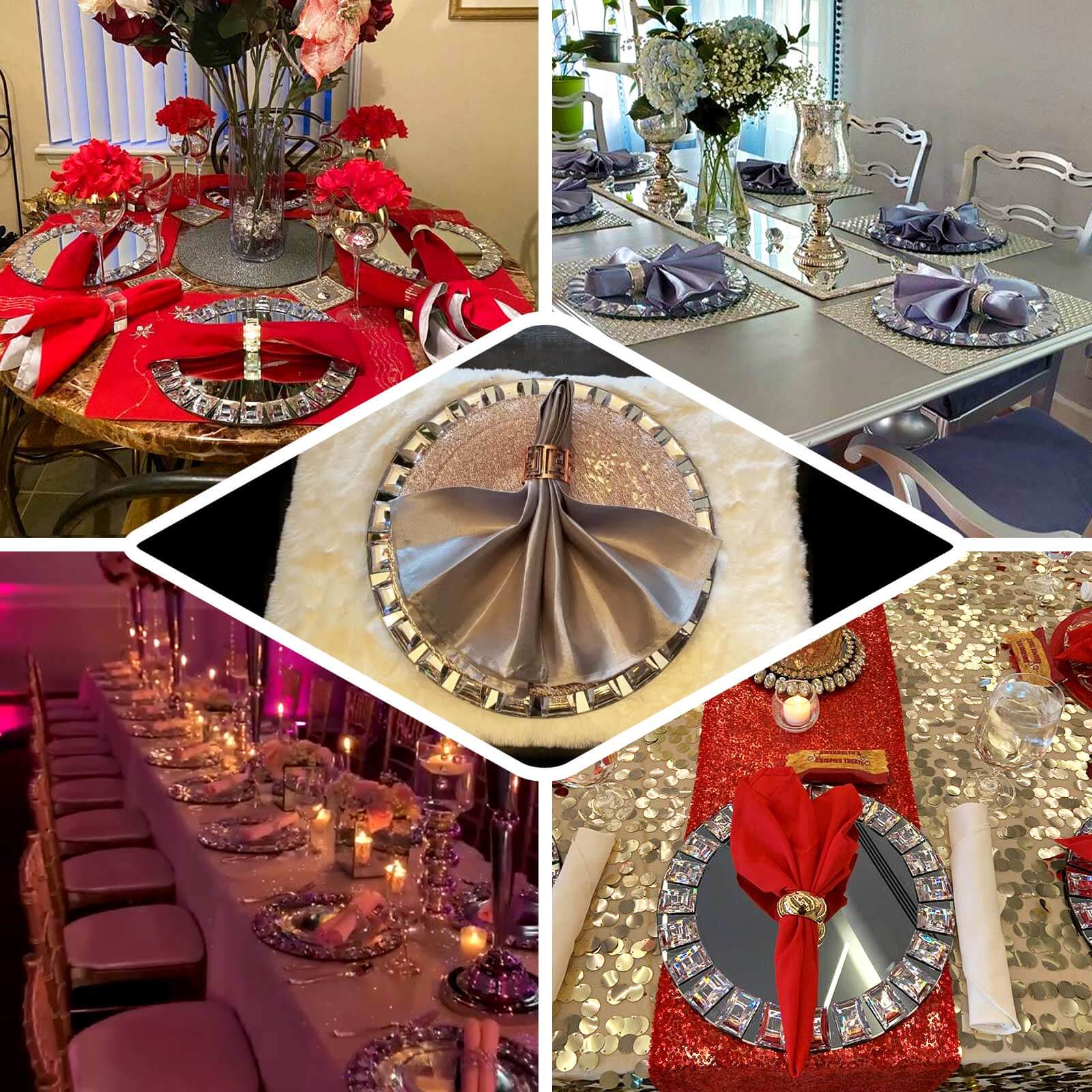 2-Pack Glass Mirror Round Charger Plates 13" in Silver with Jeweled Rim - Premium Decorative Dinner Party Charger Tableware - Image 5