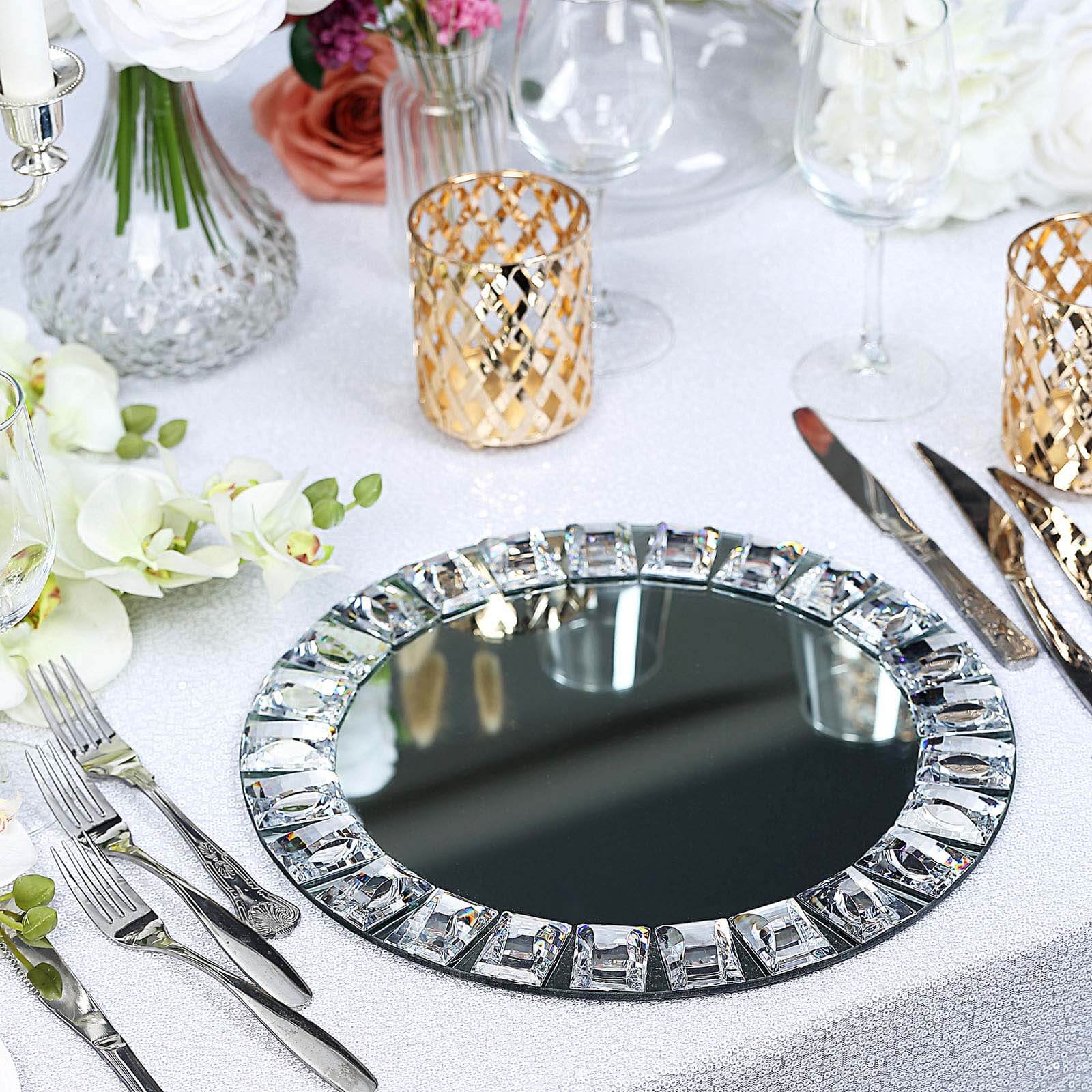 2-Pack Glass Mirror Round Charger Plates 13" in Silver with Jeweled Rim - Premium Decorative Dinner Party Charger Tableware - Image 6