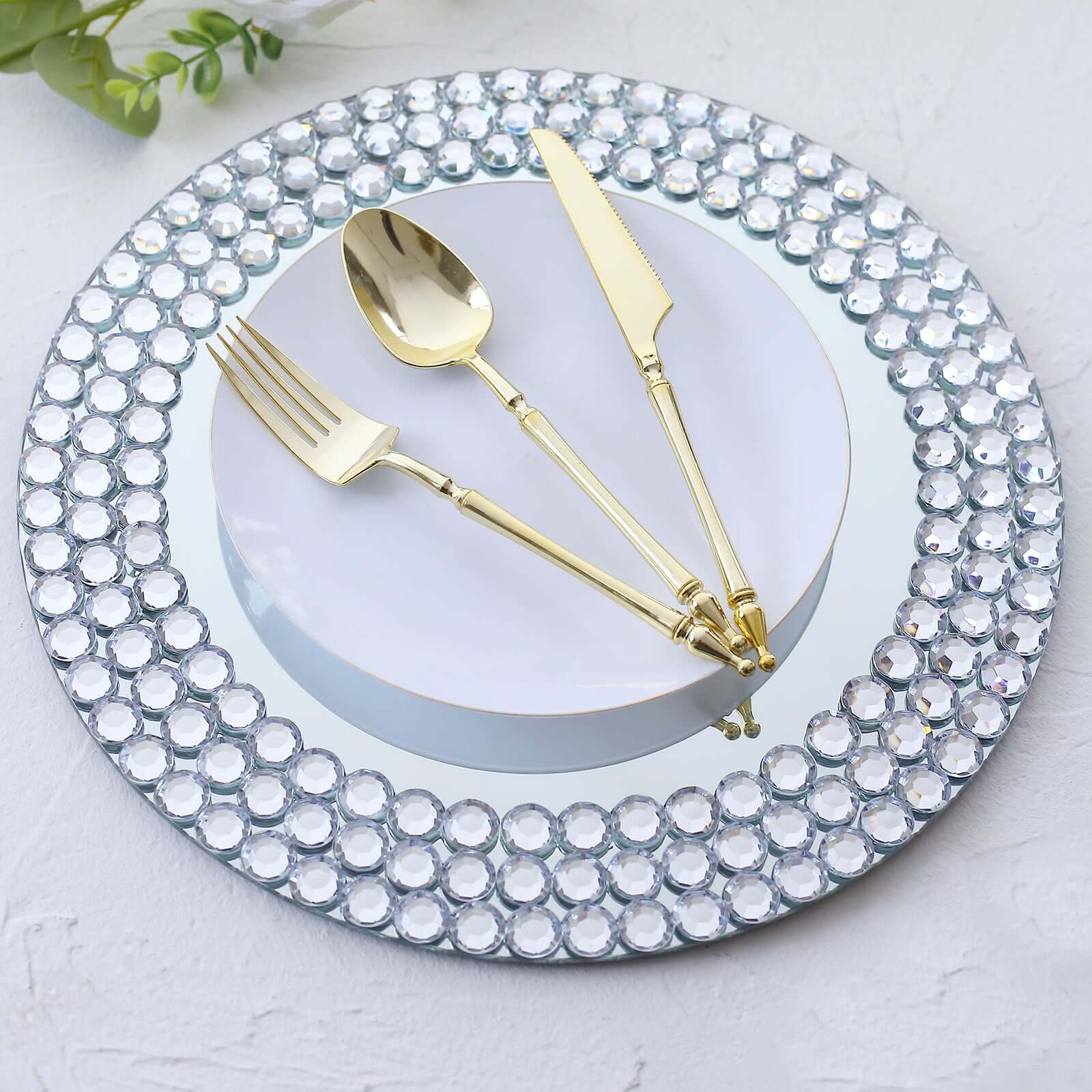 2-Pack Mirror Glass Round Charger Plates 13" with Silver Mirror Diamond Beaded Rim, Upscale Decorative Chargers - Image 2