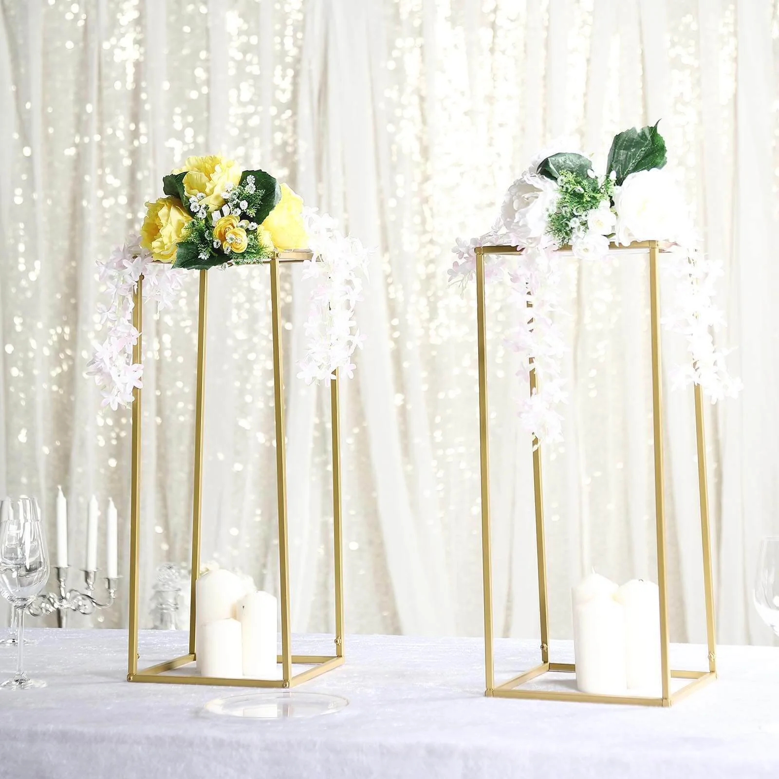 2-Pack Wedding Flower Stand Gold Metal Geometric Column Frame Rectangular - Versatile Floral Pedestal for Sophisticated Arrangements 24" - Image 2