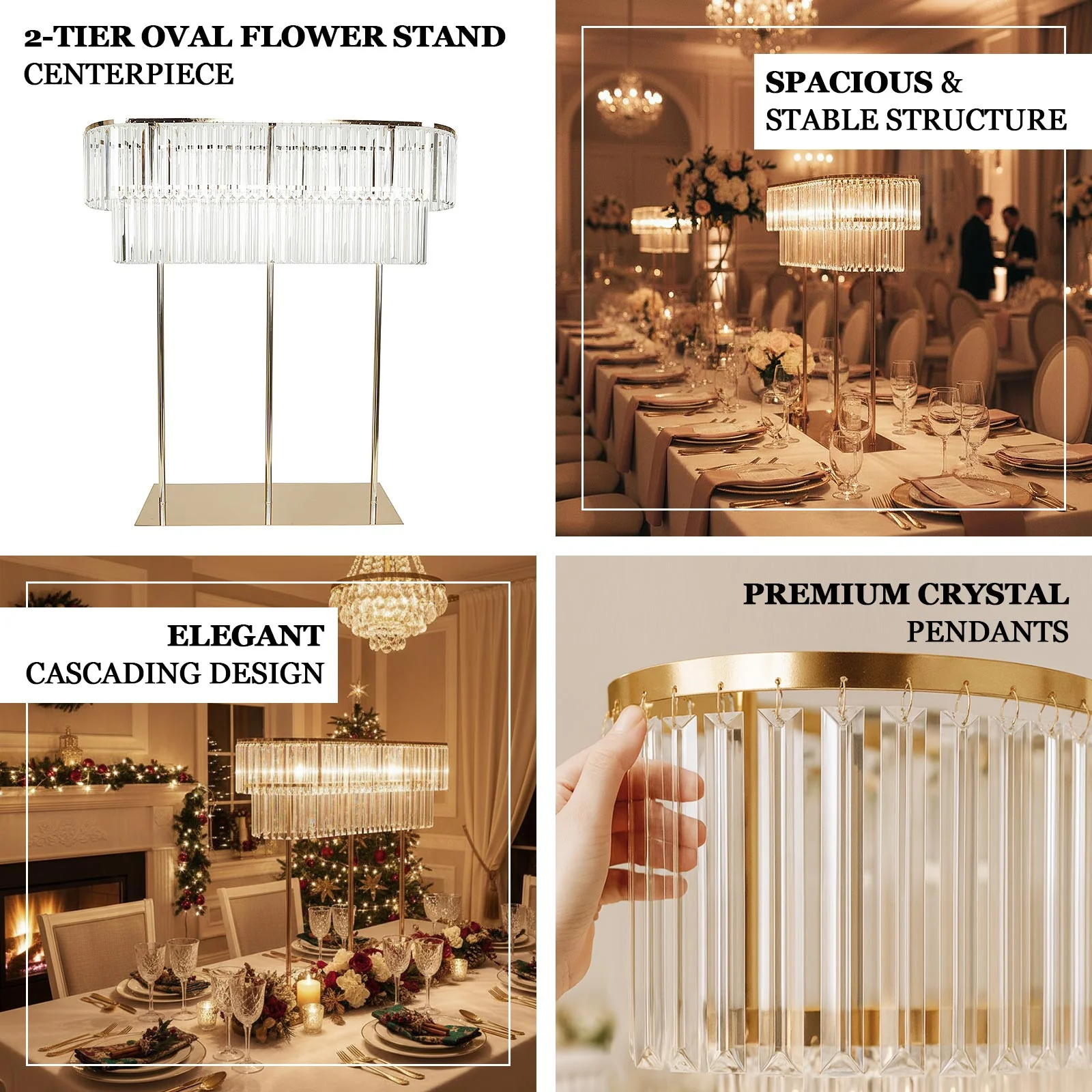 40"x40" Crystal Pendant 2-Tier Flower Stand – Gold Metal Table Centerpiece Pedestal with Drop Accents - Image 4