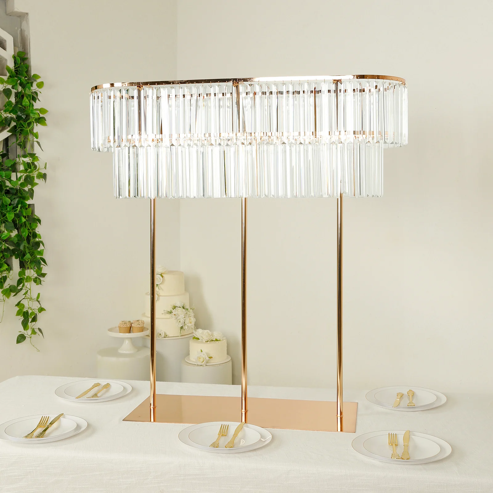 40"x40" Crystal Pendant 2-Tier Flower Stand – Gold Metal Table Centerpiece Pedestal with Drop Accents - Image 6