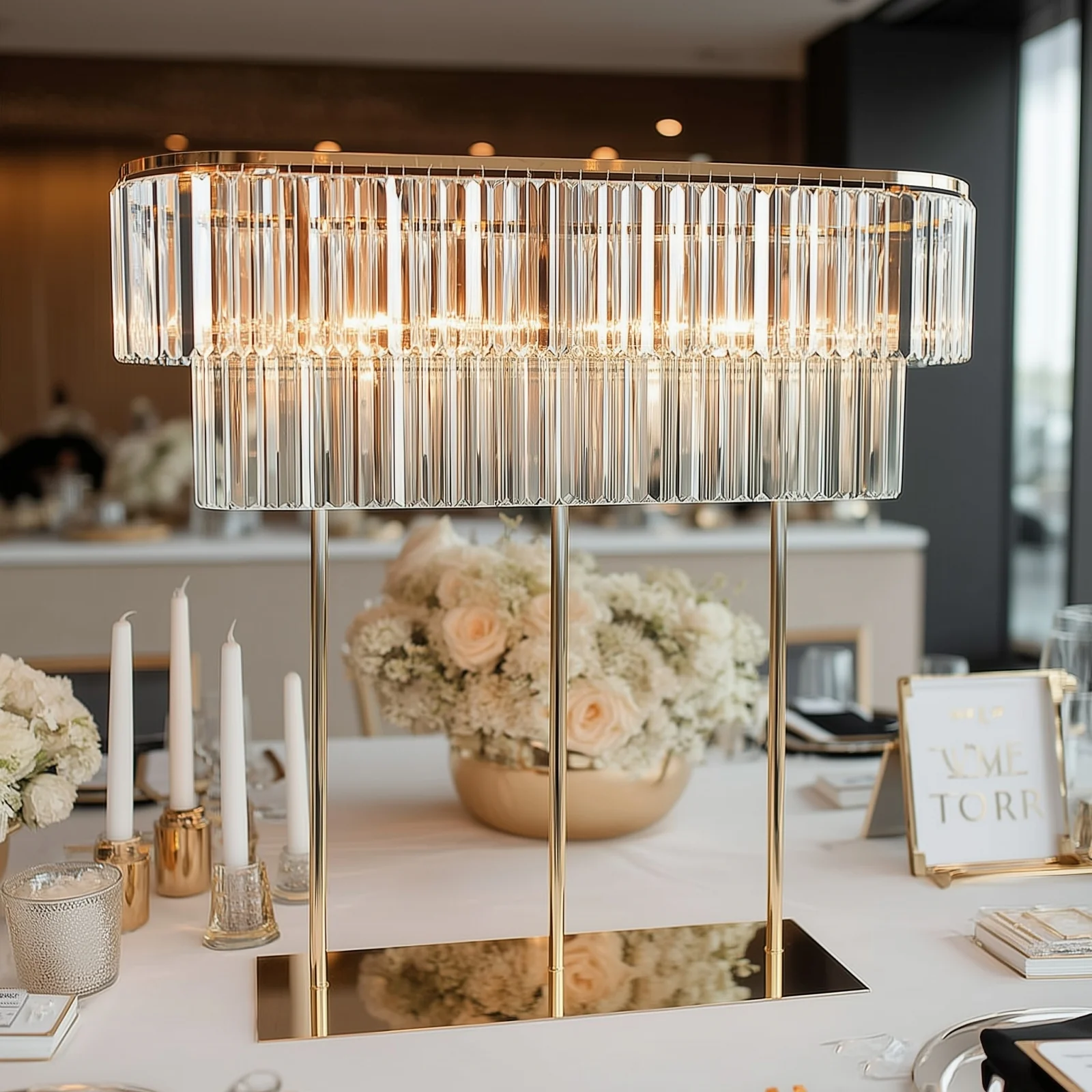 40"x40" Crystal Pendant 2-Tier Flower Stand – Gold Metal Table Centerpiece Pedestal with Drop Accents - Image 8
