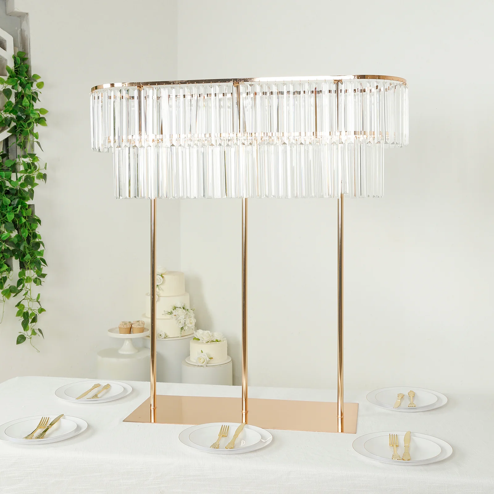 40"x40" Crystal Pendant 2-Tier Flower Stand – Gold Metal Table Centerpiece Pedestal with Drop Accents - Image 9