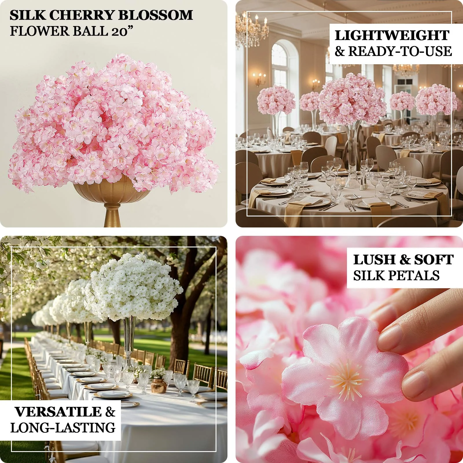 20" Pre-Arranged Artificial Cherry Blossom Centerpiece, White Silk Flower Ball Arrangement for Wedding & Event Tables - Image 5