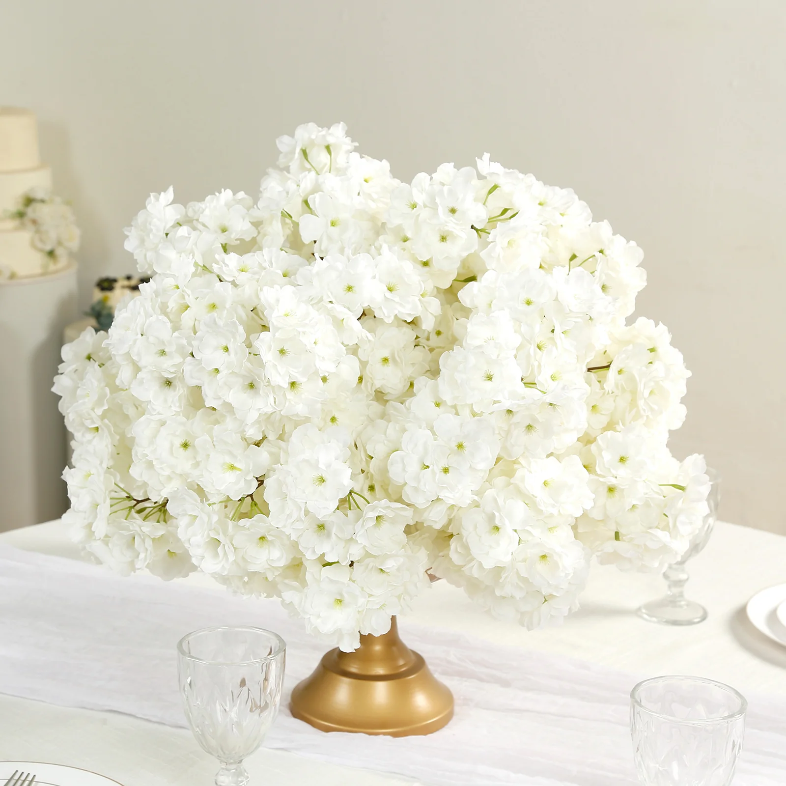 20" Pre-Arranged Artificial Cherry Blossom Centerpiece, White Silk Flower Ball Arrangement for Wedding & Event Tables - Image 6