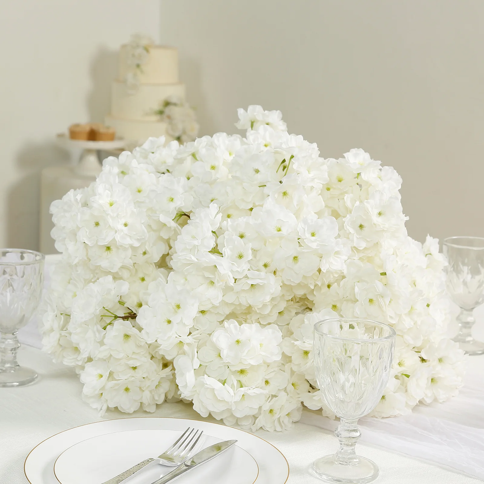 20" Pre-Arranged Artificial Cherry Blossom Centerpiece, White Silk Flower Ball Arrangement for Wedding & Event Tables - Image 9