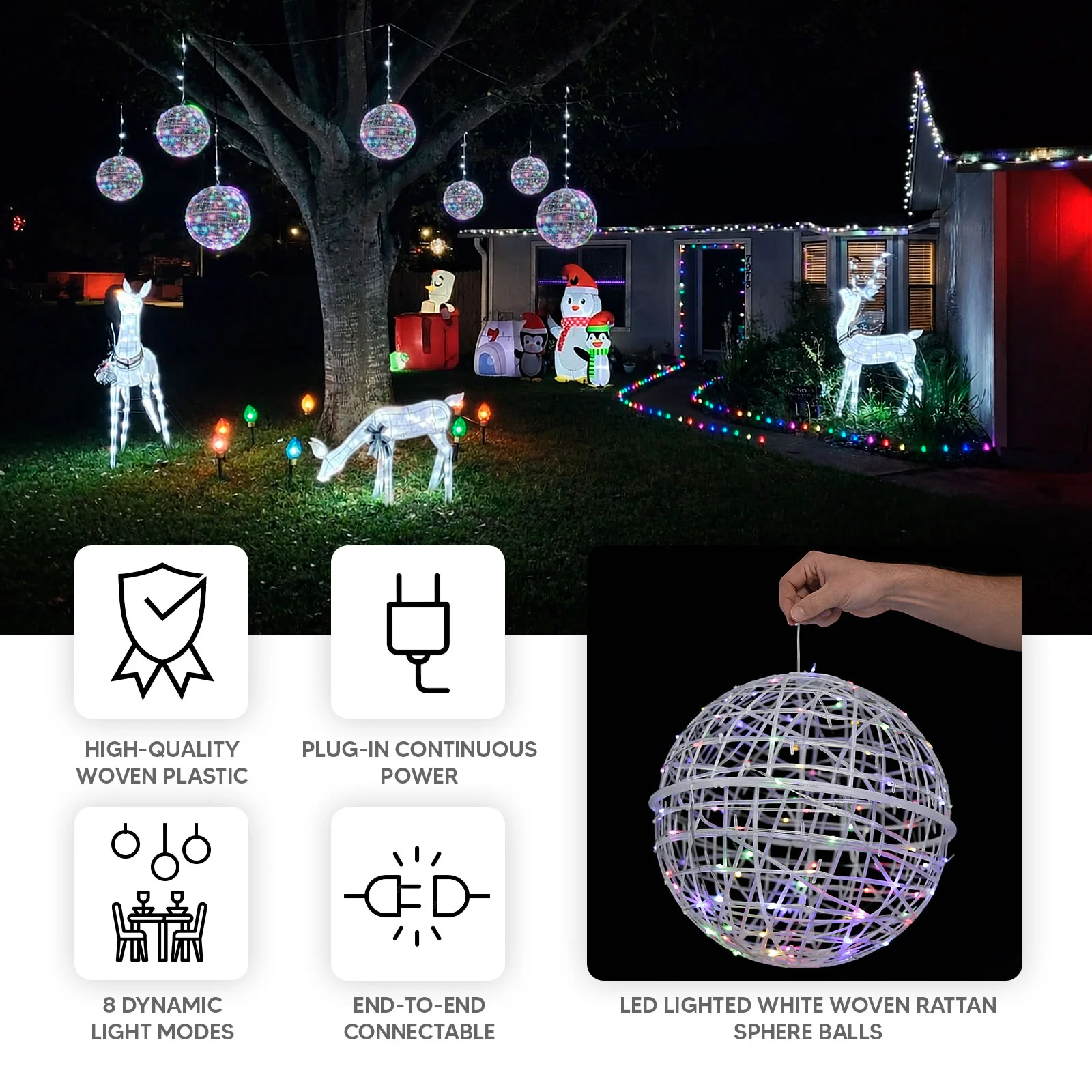 4 Pack LED Lighted Decorative Sphere Balls – 19" White Woven Rattan Orbs, 520 Multicolor LEDs, 8 Lighting Modes, End-to-End Connectable, Plug-In - Image 4