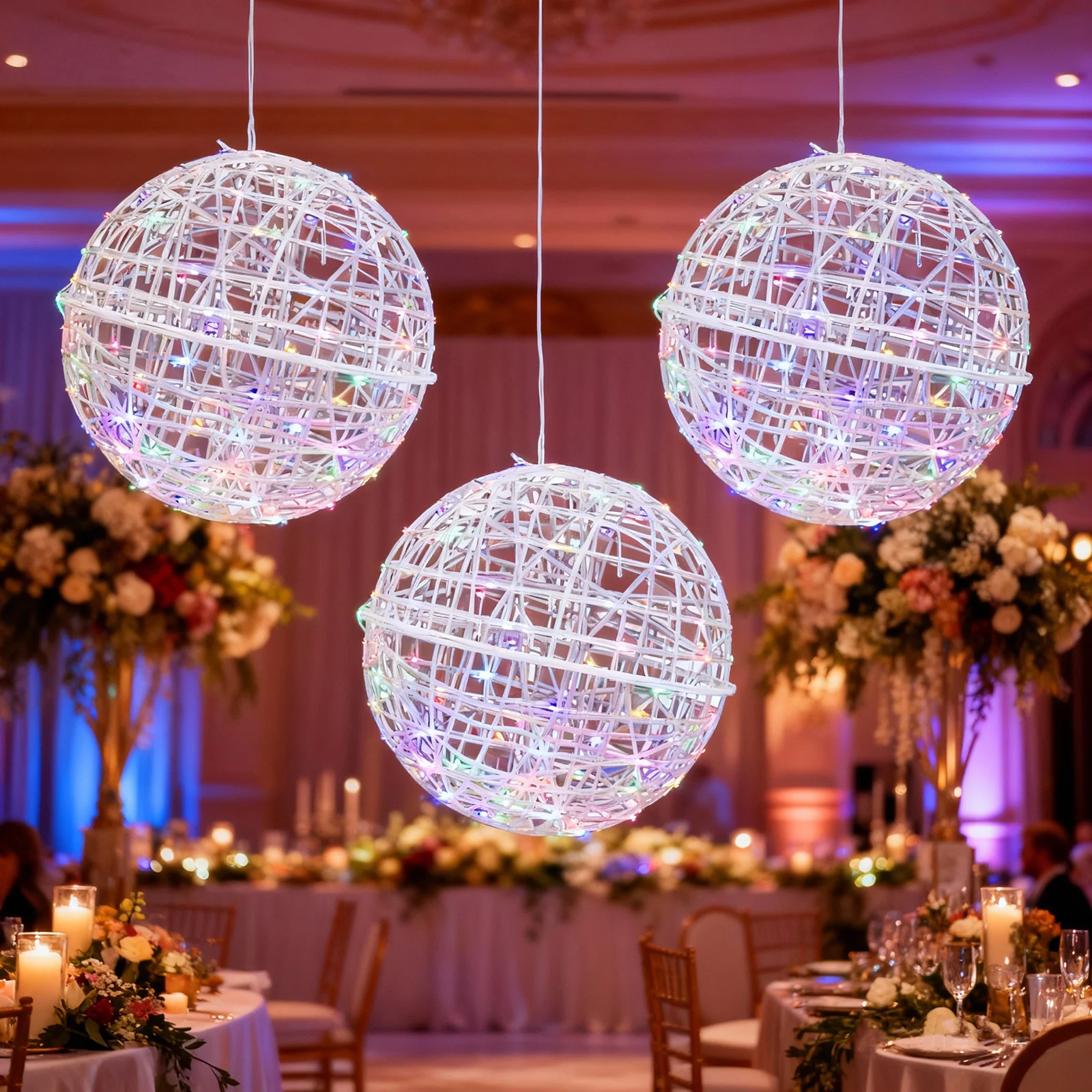4 Pack LED Lighted Decorative Sphere Balls – 19" White Woven Rattan Orbs, 520 Multicolor LEDs, 8 Lighting Modes, End-to-End Connectable, Plug-In - Image 6