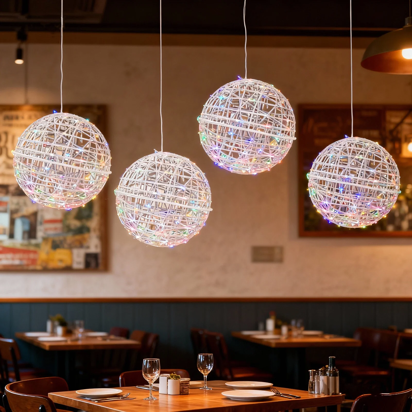 4 Pack LED Lighted Decorative Sphere Balls – 19" White Woven Rattan Orbs, 520 Multicolor LEDs, 8 Lighting Modes, End-to-End Connectable, Plug-In - Image 9