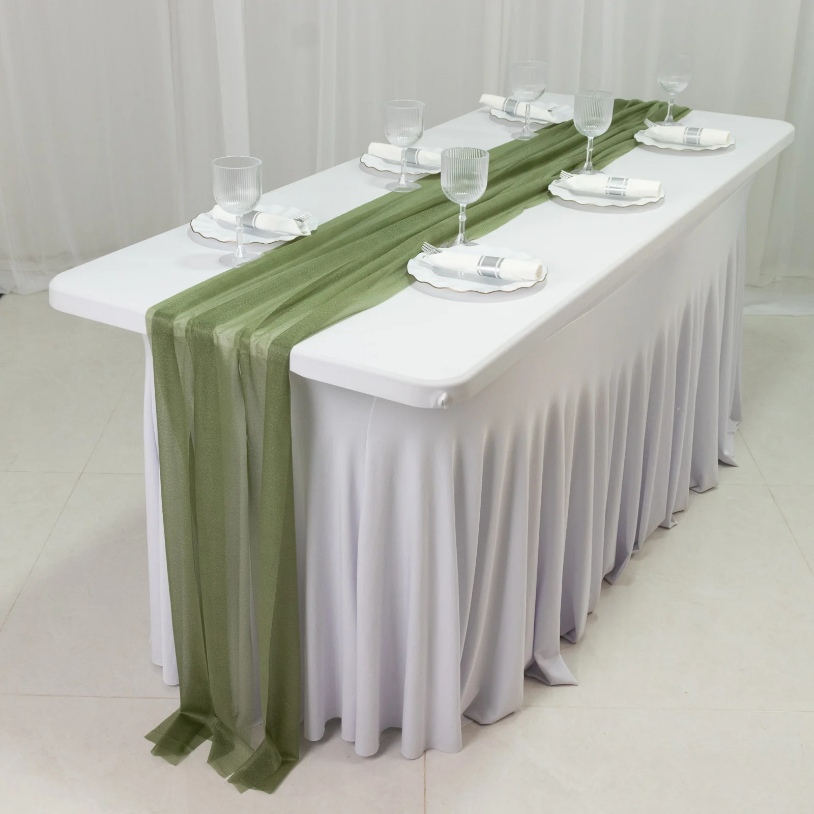 20-Pack 9ft Sheer Table Runners – Dusty Sage Green Shimmer Sheer Drapes, Wrinkle-Free - Image 3