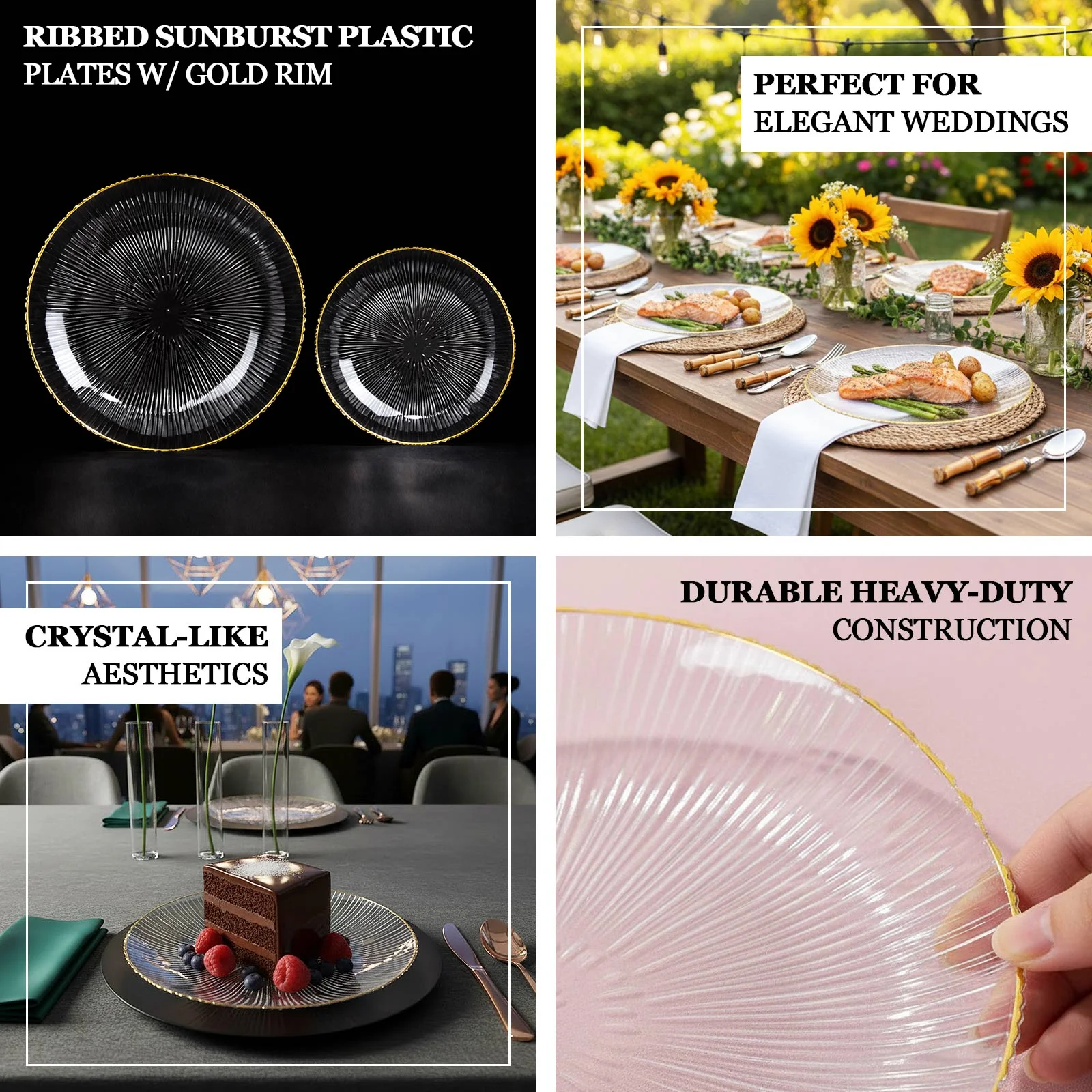 20 Pack 7" Clear Plastic Dessert Plates with Gold Rim – Ribbed Sunburst Pattern – Round Disposable Salad Plates - Image 4