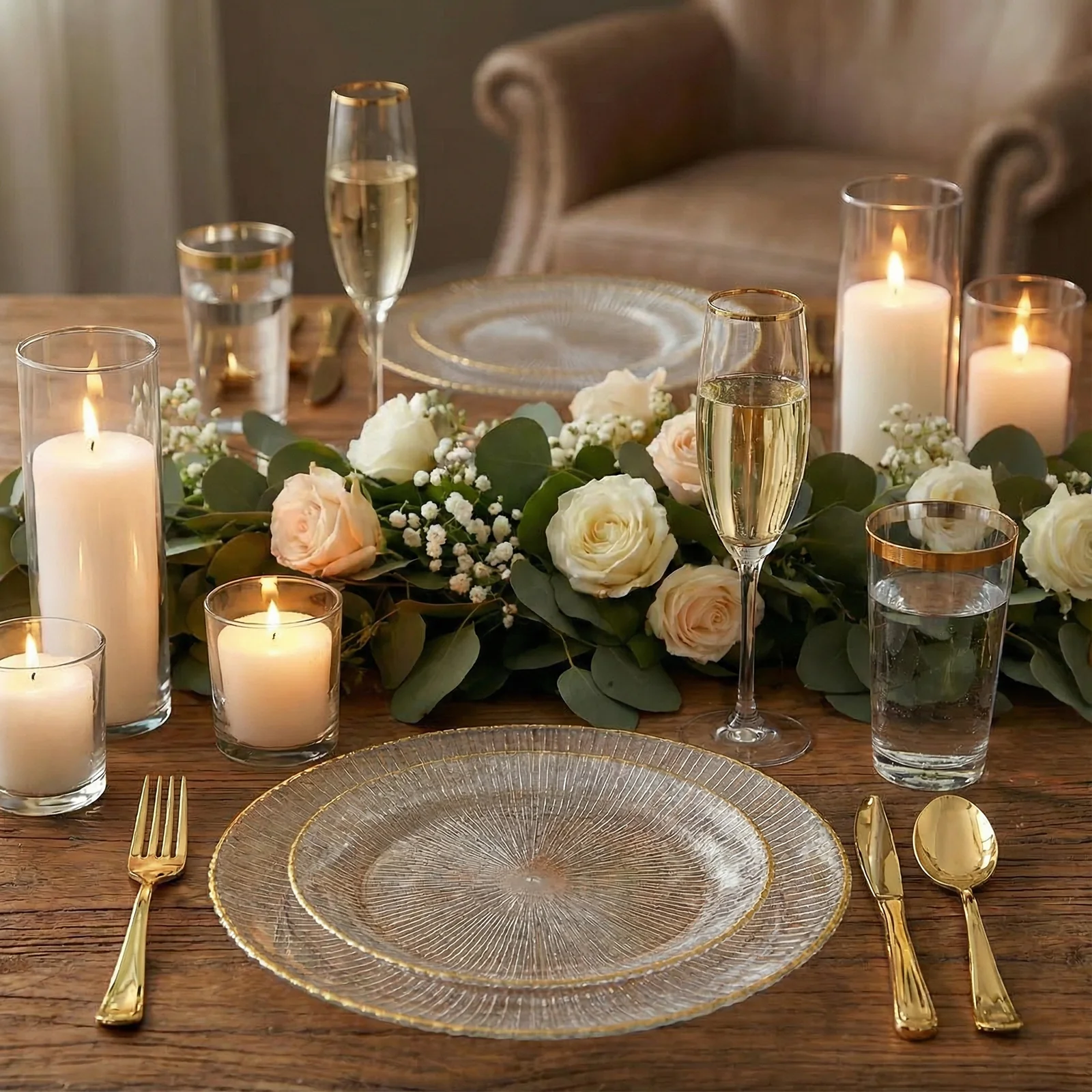 20 Pack 7" Clear Plastic Dessert Plates with Gold Rim – Ribbed Sunburst Pattern – Round Disposable Salad Plates - Image 7