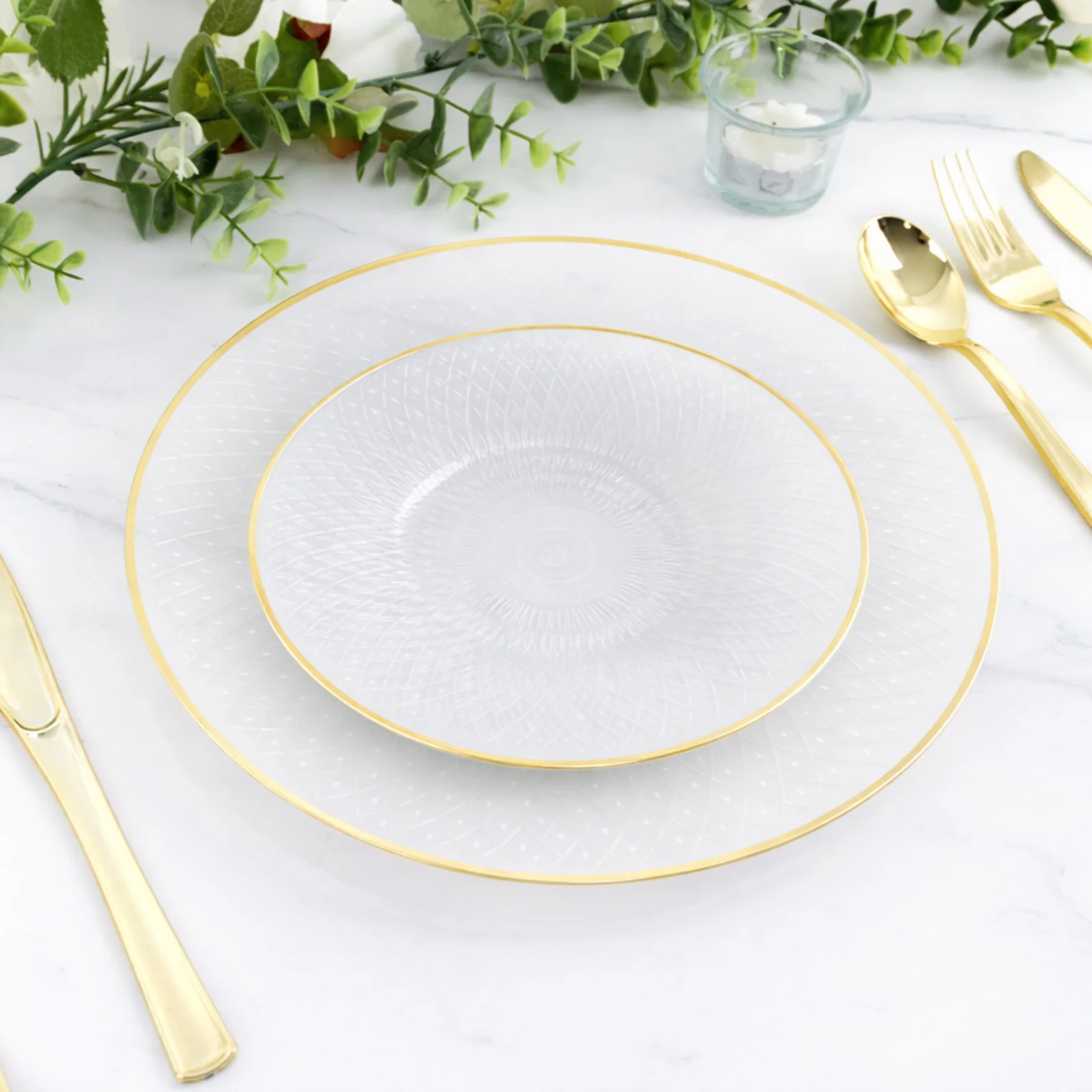 20-Pack Round Pearl White Plastic Dessert Plates – 7" Radial Diamond-Cut Pattern Gold Rim Salad Plates, Durable Disposable Tableware