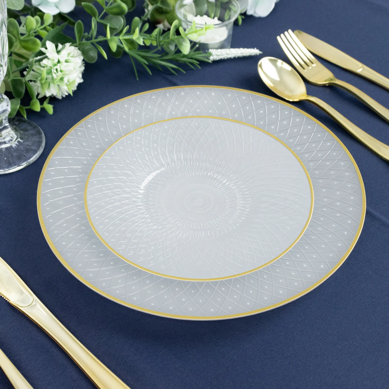 20-Pack Round Pearl White Plastic Dessert Plates – 7" Radial Diamond-Cut Pattern Gold Rim Salad Plates, Durable Disposable Tableware - Image 6