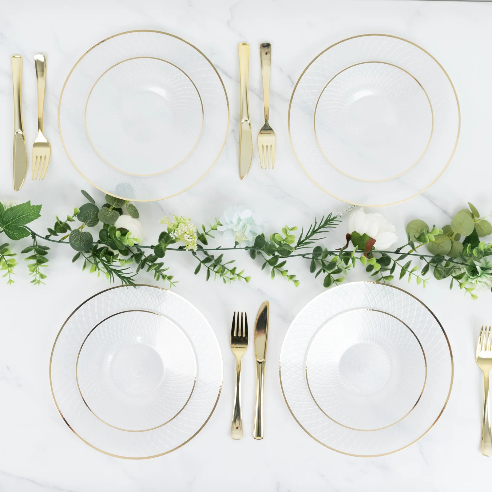 20-Pack Round Pearl White Plastic Dessert Plates – 7" Radial Diamond-Cut Pattern Gold Rim Salad Plates, Durable Disposable Tableware - Image 7