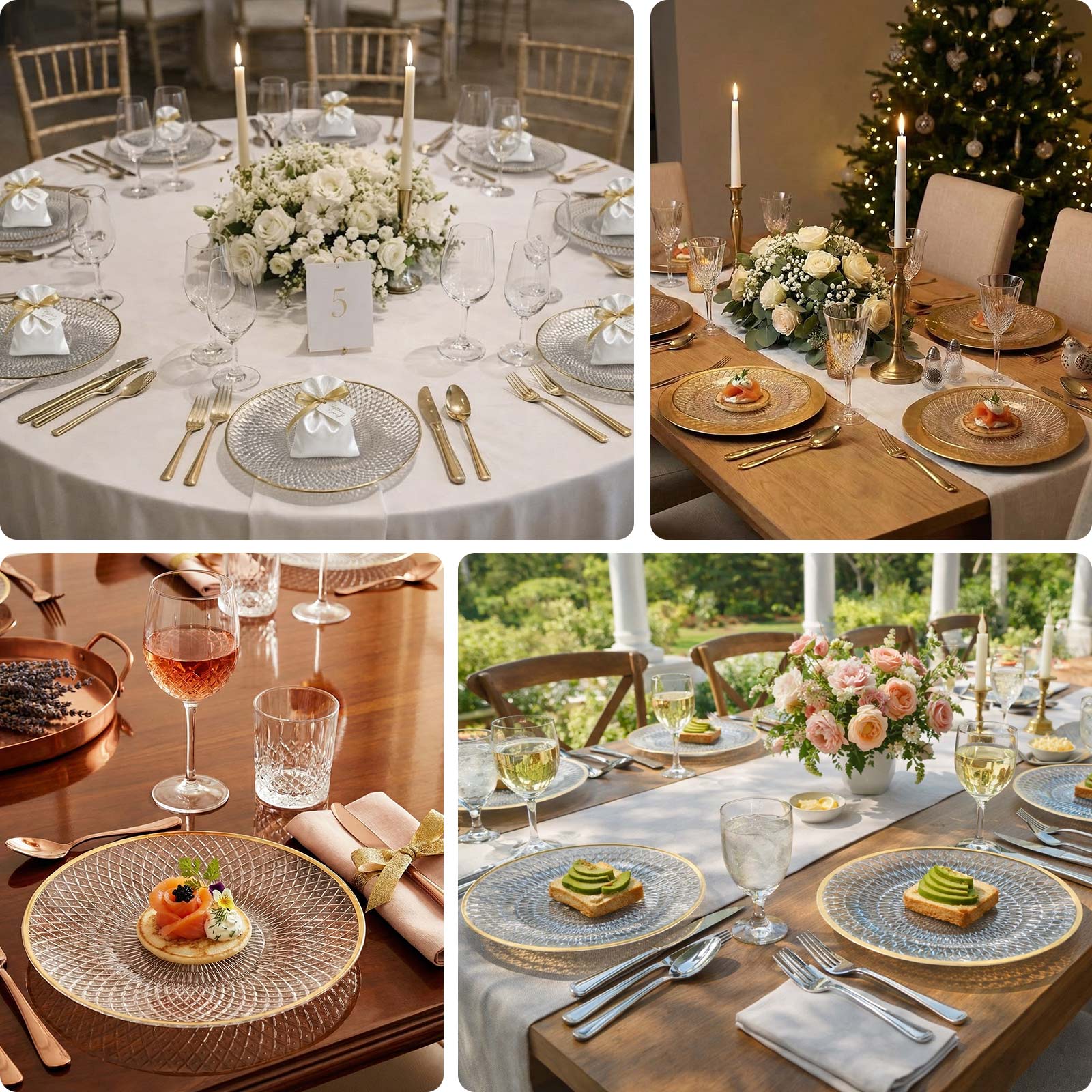 20-Pack Round Pearl White Plastic Dinner Plates – 10" Radial Diamond-Cut Pattern Gold Rim Party Plates, Durable Disposable Tableware - Image 4