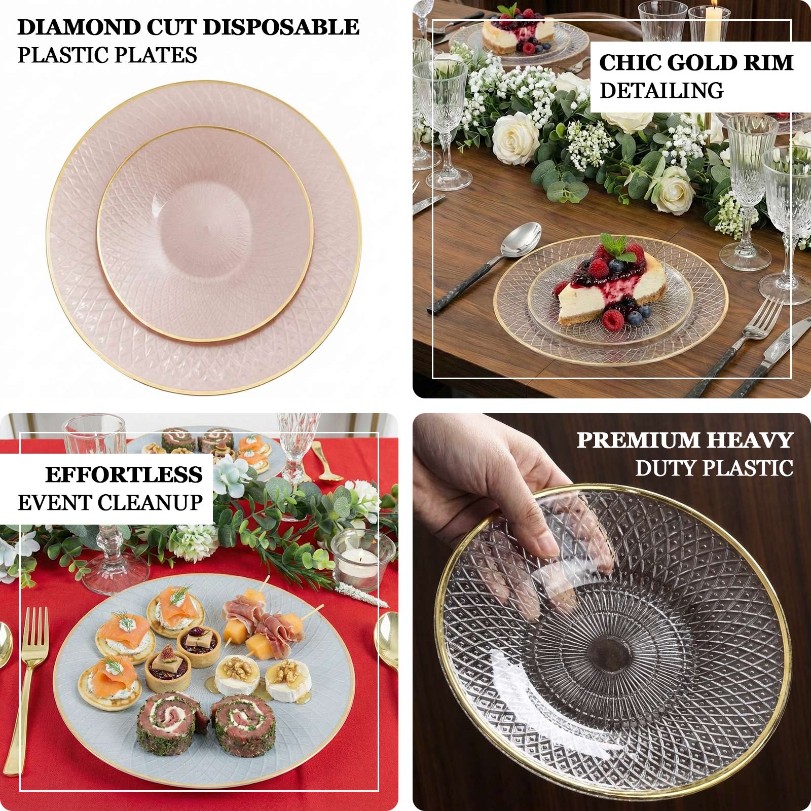 20-Pack Round Pearl White Plastic Dinner Plates – 10" Radial Diamond-Cut Pattern Gold Rim Party Plates, Durable Disposable Tableware - Image 5