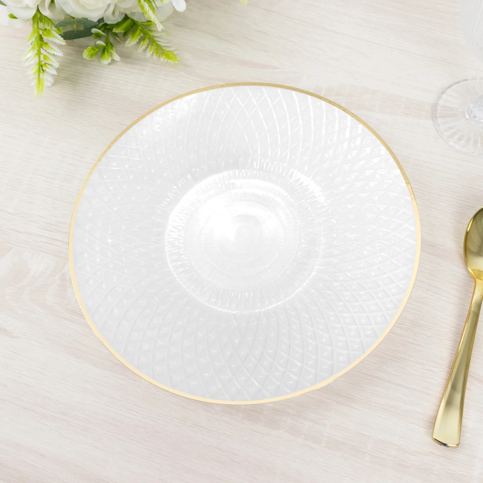 20-Pack Round Pearl White Plastic Dinner Plates – 10" Radial Diamond-Cut Pattern Gold Rim Party Plates, Durable Disposable Tableware - Image 6