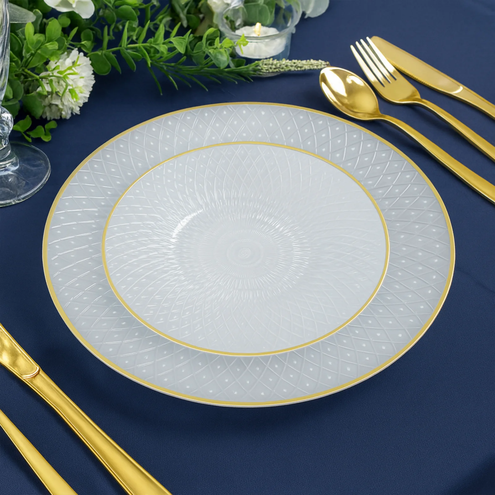 20-Pack Round Pearl White Plastic Dinner Plates – 10" Radial Diamond-Cut Pattern Gold Rim Party Plates, Durable Disposable Tableware - Image 7