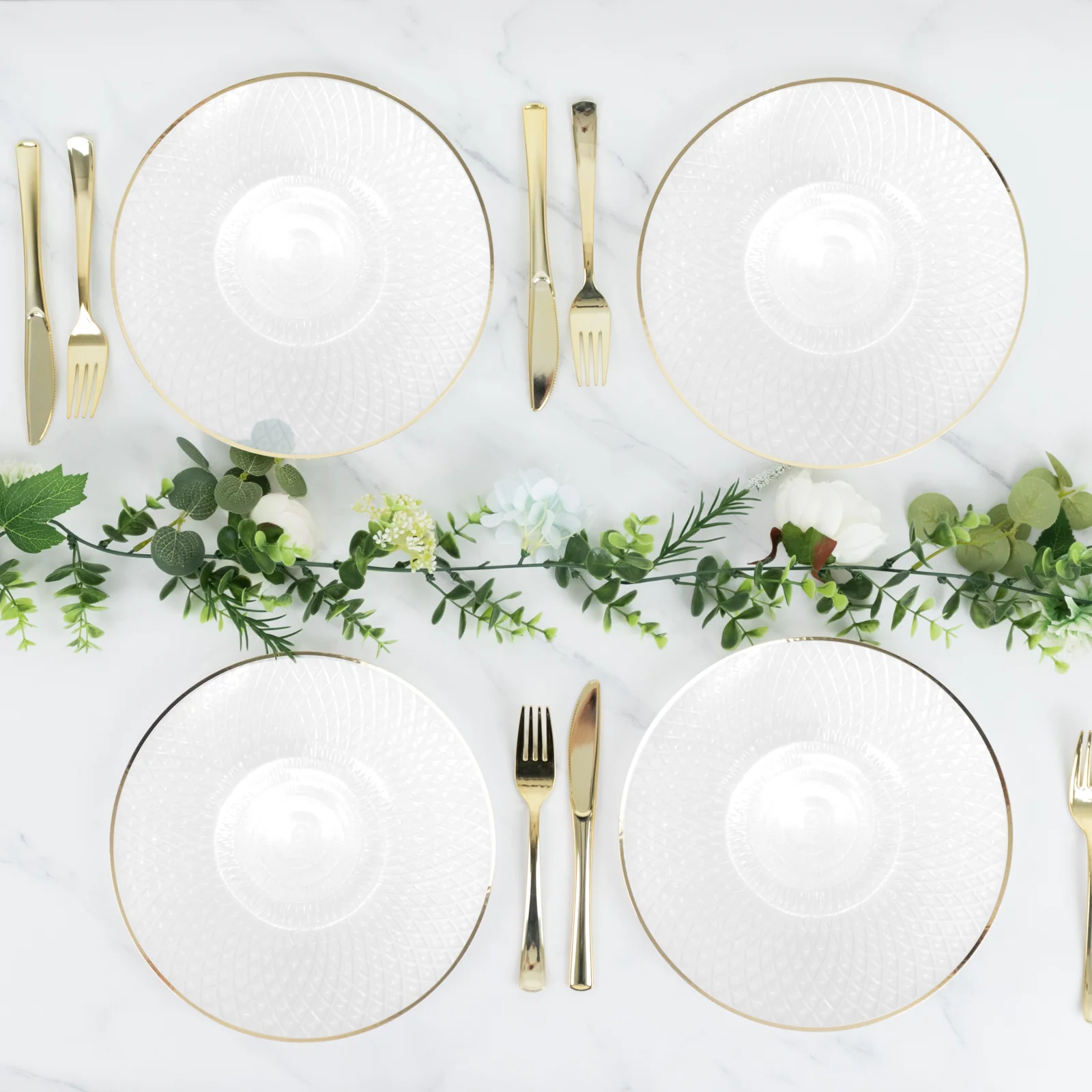 20-Pack Round Pearl White Plastic Dinner Plates – 10" Radial Diamond-Cut Pattern Gold Rim Party Plates, Durable Disposable Tableware - Image 9