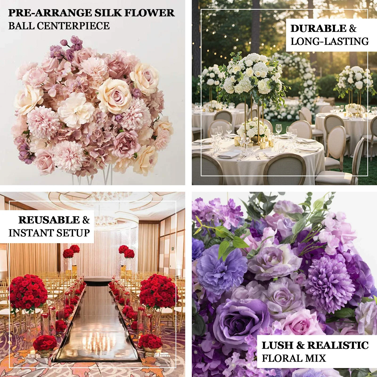 22-Inch White Silk Flower Grand Centerpiece – Pre-Arranged Artificial Rose, Hydrangea & Chrysanthemum Ball for Wedding & Event Décor - Image 3