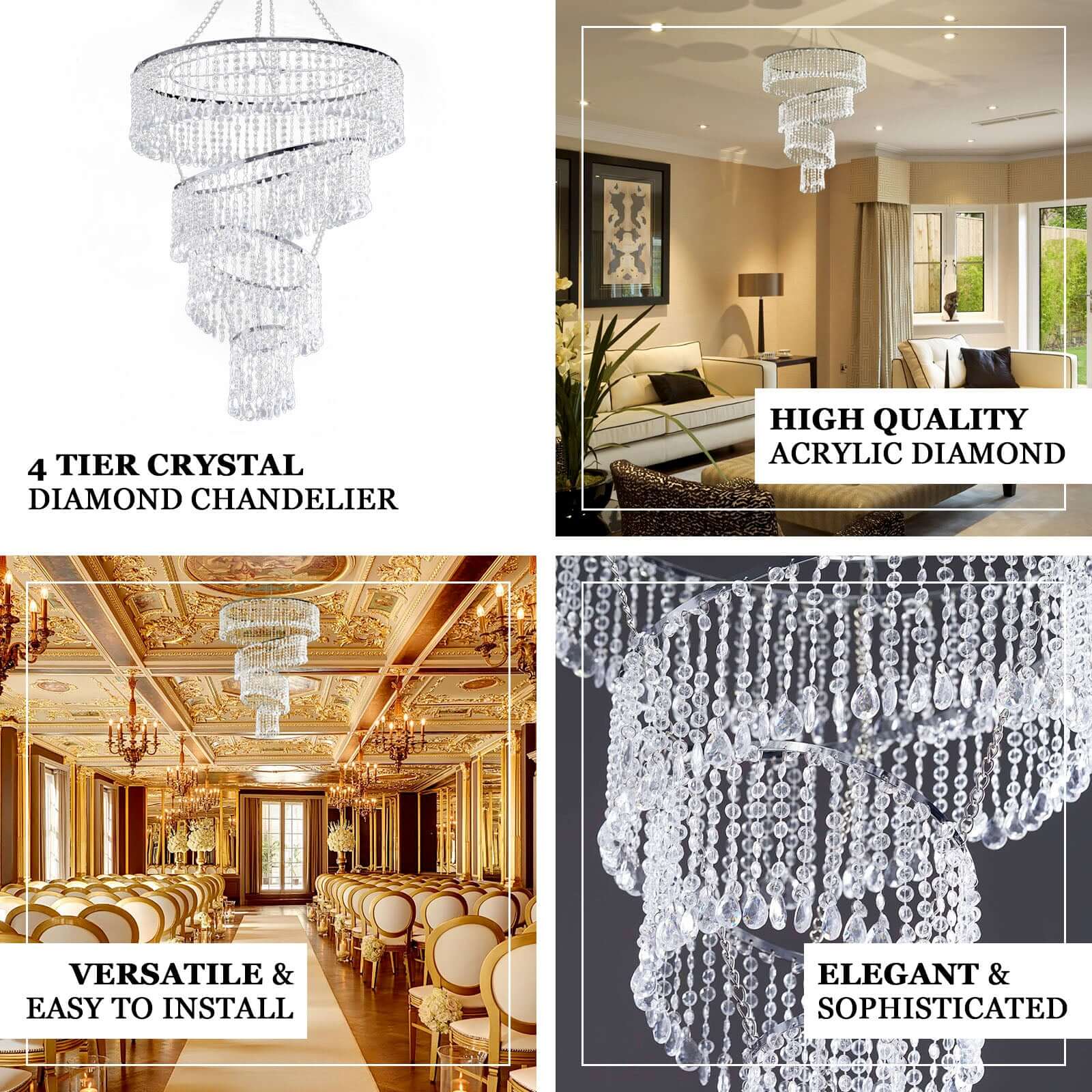 24" 4-Tier Acrylic Diamond Crystal Chandelier Hanging Pendant Lighting Chandelier - Image 4