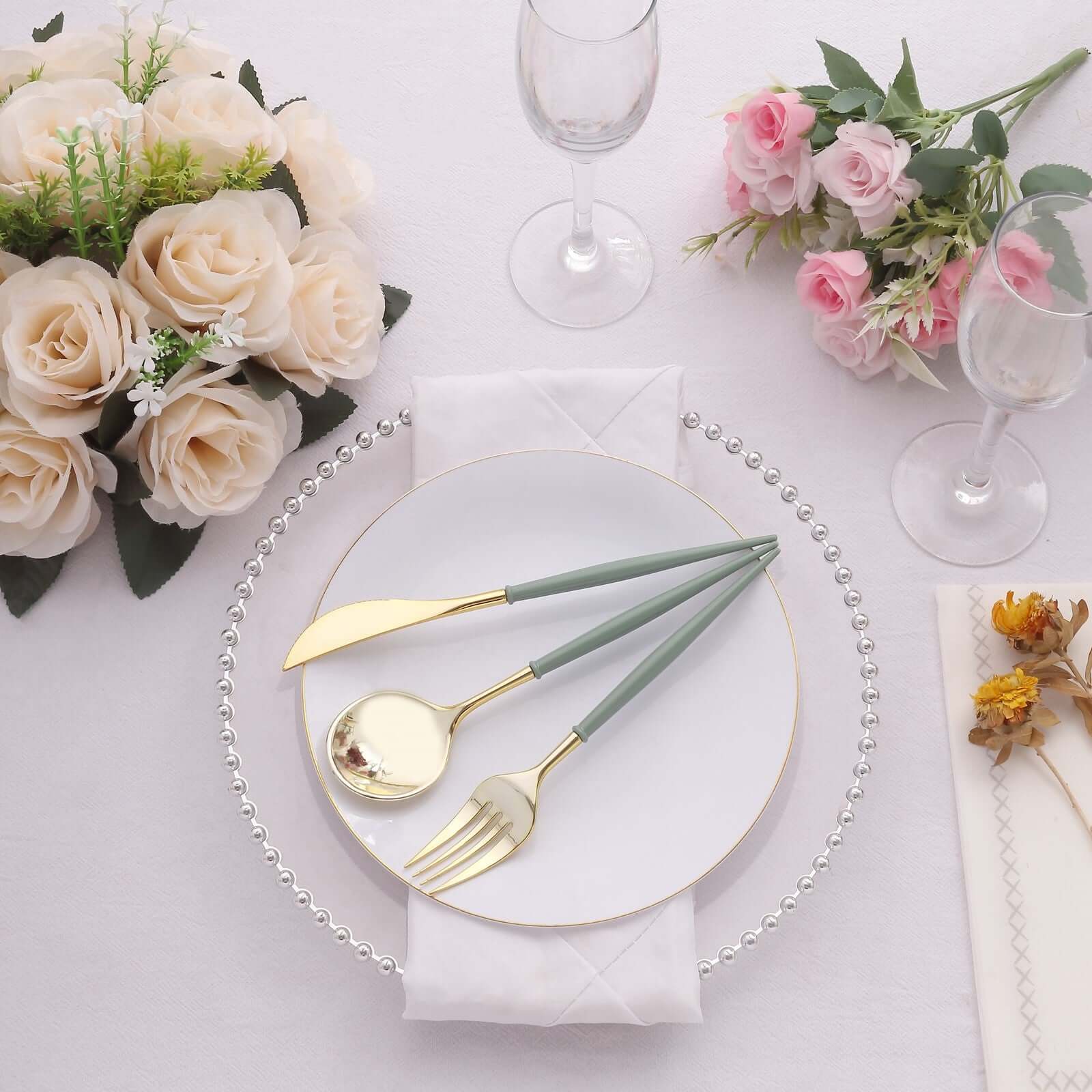 24-Pack Plastic Flatware Set in Metallic Gold with Dusty Sage Green Handle - Heavy Duty Disposable Modern Silverware 8" - Image 2