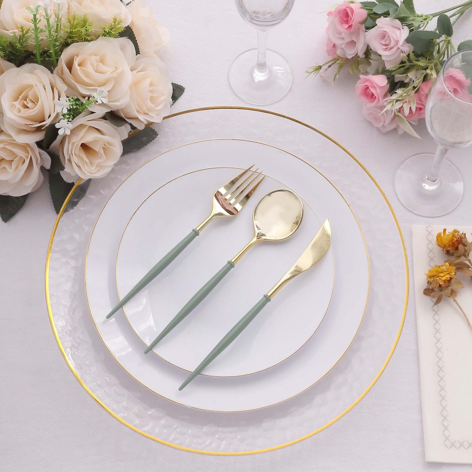24-Pack Plastic Flatware Set in Metallic Gold with Dusty Sage Green Handle - Heavy Duty Disposable Modern Silverware 8" - Image 6