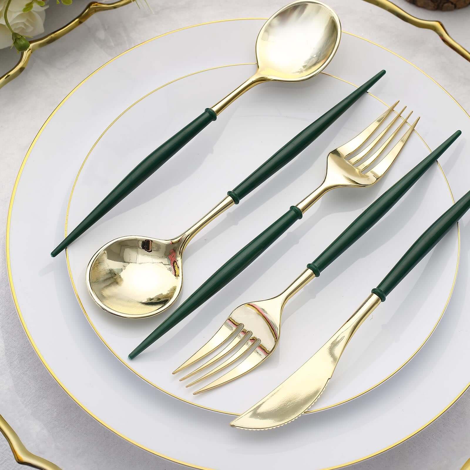 24-Pack Plastic Flatware Set in Metallic Gold with Hunter Emerald Green Handle - Heavy Duty Disposable Modern Silverware 8" - Image 2