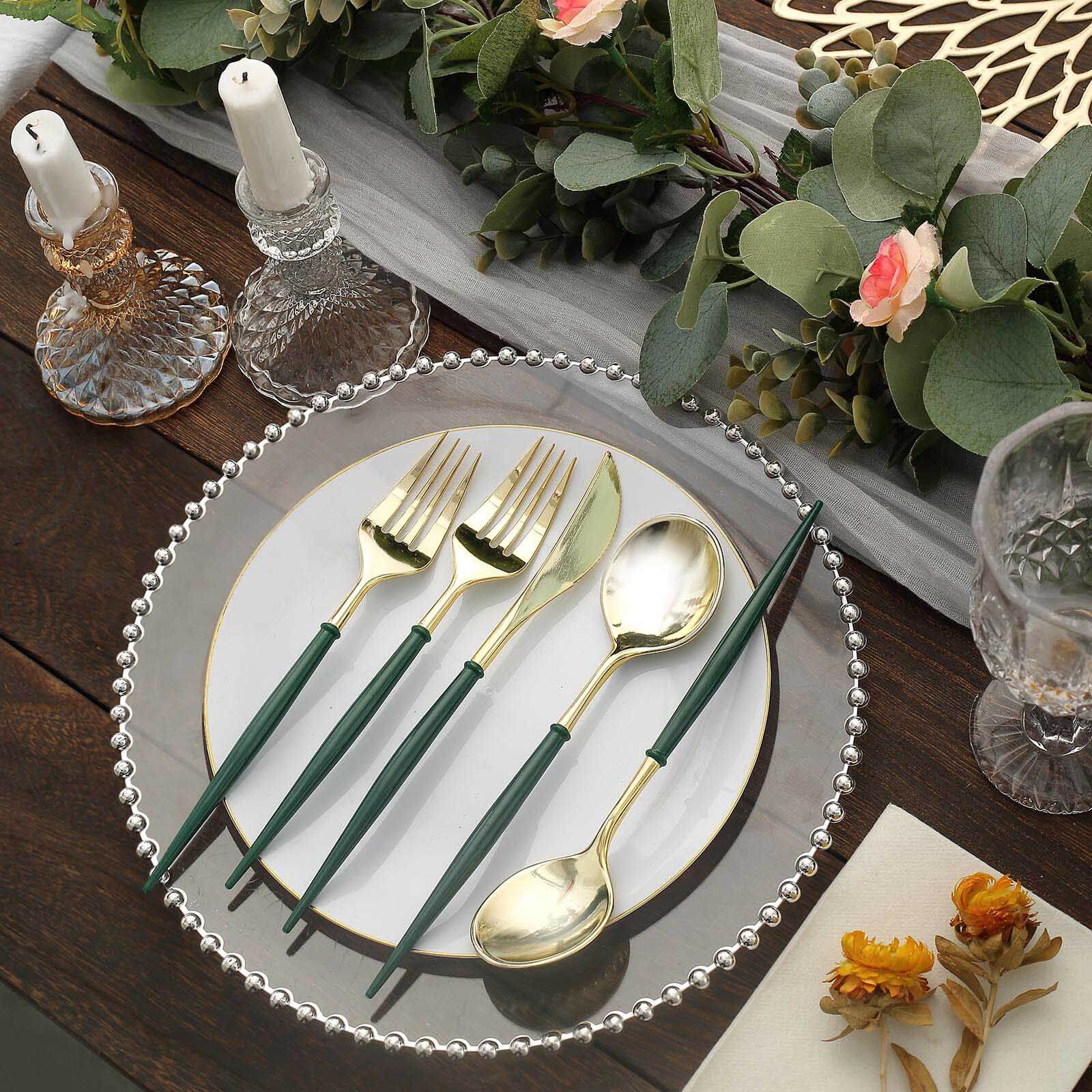 24-Pack Plastic Flatware Set in Metallic Gold with Hunter Emerald Green Handle - Heavy Duty Disposable Modern Silverware 8" - Image 7