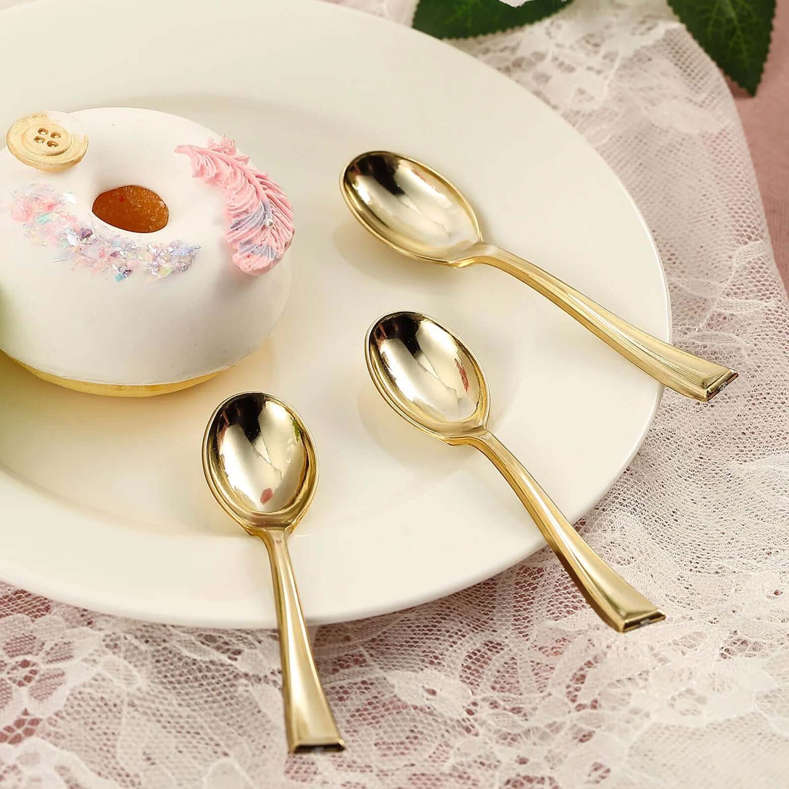 24-Pack Plastic Mini Dessert Spoons Gold - Heavy Duty Disposable Silverware 4"